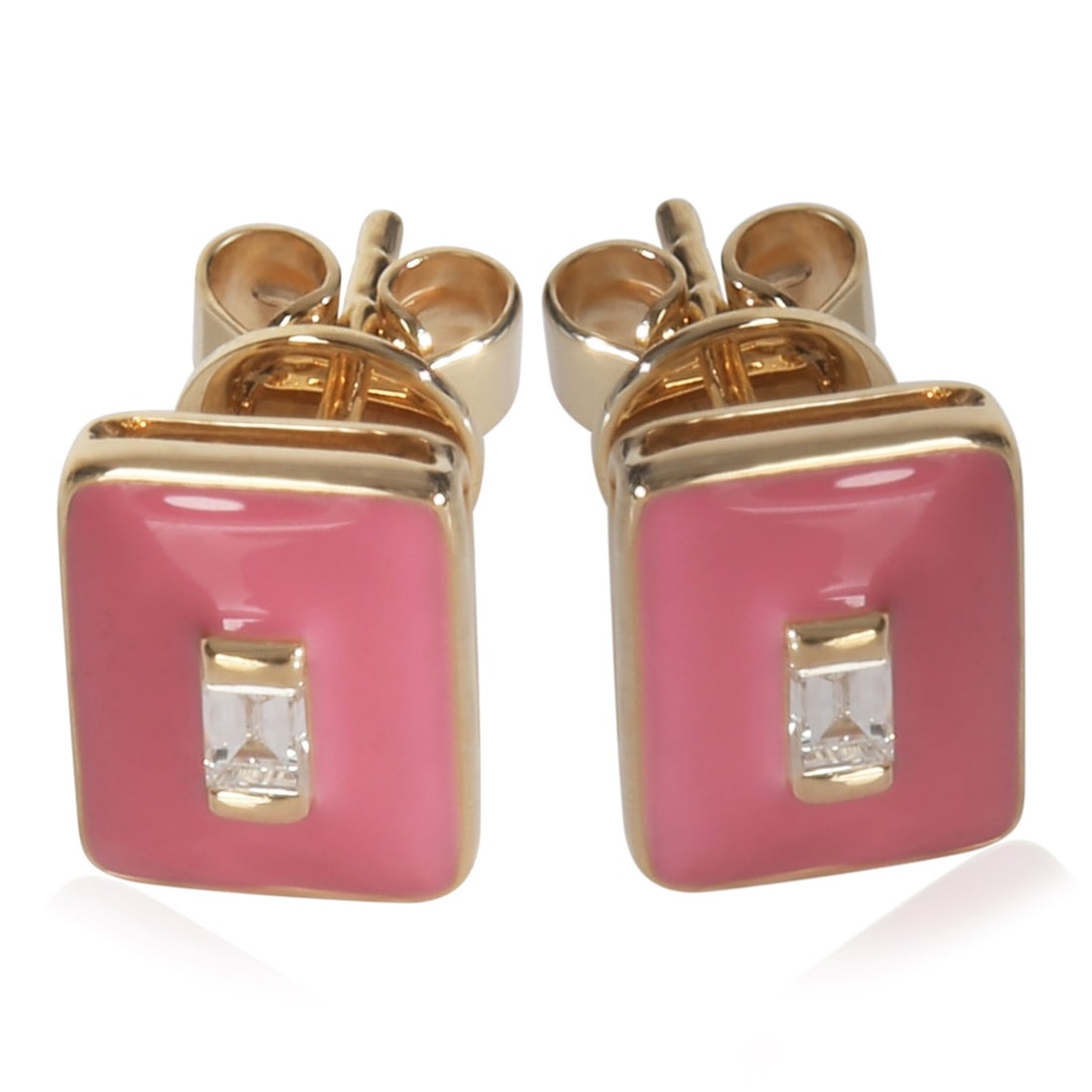 14K Yellow Gold Pink Enamel and Diamond Baguette Earrings: 14K Yellow Gold Pink Enamel and Diamond Baguette Earrings These pre-owned earrings feature a striking combination of 14K yellow gold and pink enamel, accented with white baguette-shaped diamonds. The