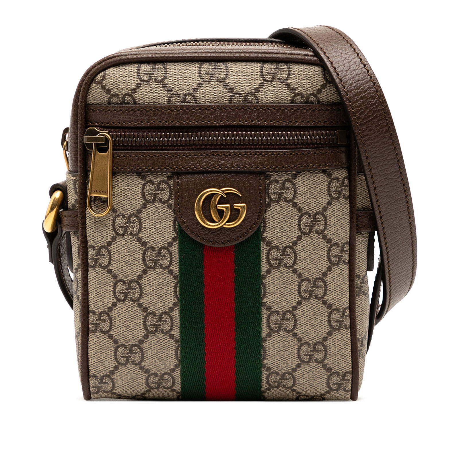Gucci Ophidia Mini GG Supreme Brown Crossbody Bag with Leather Trim: Gucci Ophidia Mini GG Supreme Brown Crossbody Bag with Leather Trim This Gucci Mini GG Supreme Ophidia Crossbody features a coated canvas exterior with leather trim, a flat leather strap, a top zip cl