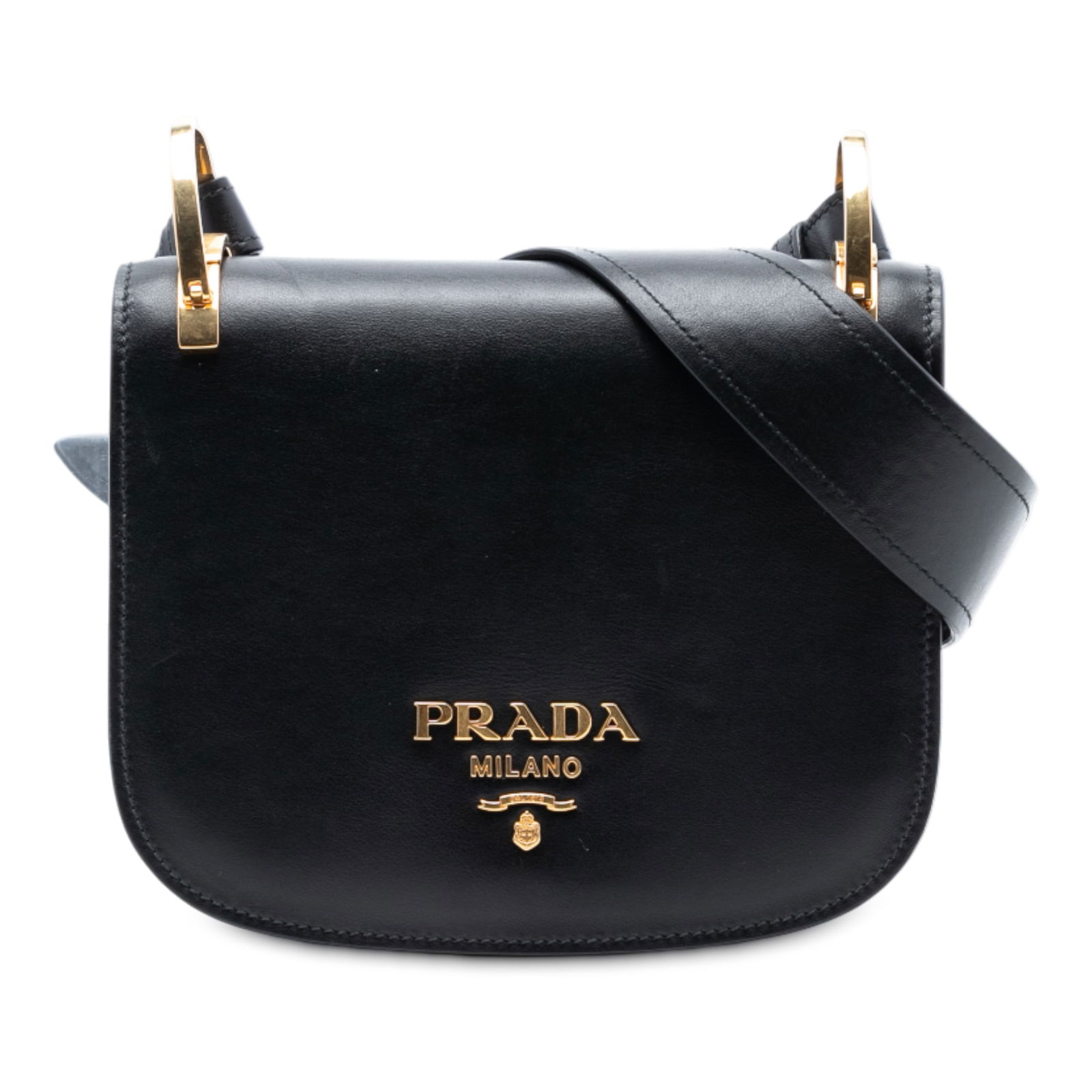 Prada Pionniere City Calf Leather Black Crossbody Saddle Bag: Prada Pionniere City Calf Leather Black Crossbody Saddle Bag The Prada City Calf Pionniere Saddle Bag is a black crossbody bag crafted from leather. It features a flat leather strap, a front flap with