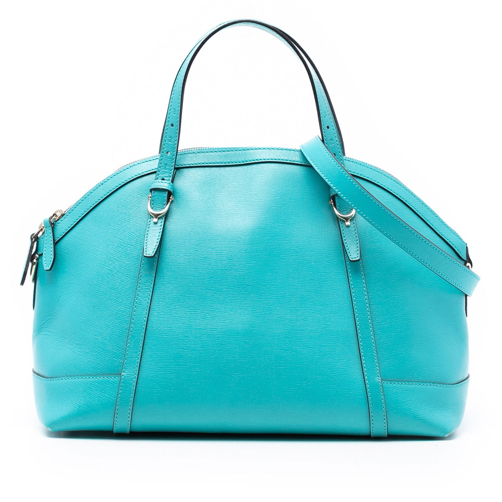 Gucci Nice Dome Large Blue Leather Satchel with Shoulder Strap: Gucci Nice Dome Large Blue Leather Satchel with Shoulder Strap This satchel features an embossed leather body in blue, flat leather handles, a detachable flat leather shoulder strap, a top zip closure