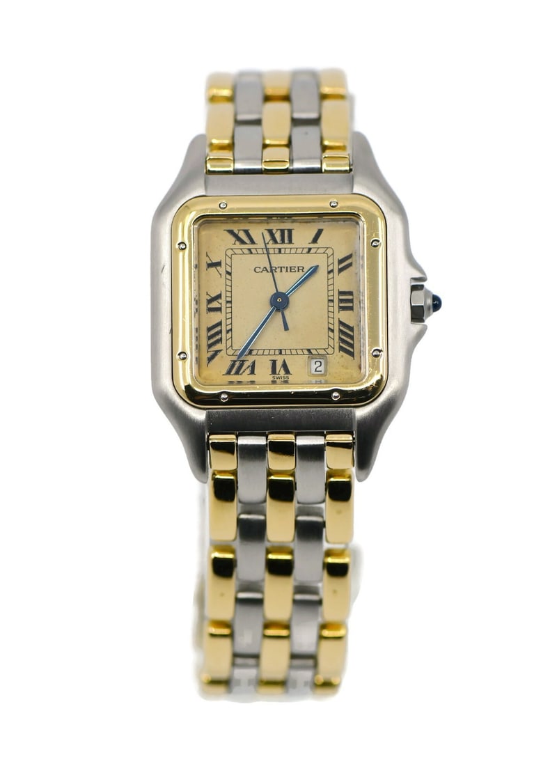 Cartier Panthere 83949 Two Tone Quartz Wristwatch with Box: Cartier Panthere 83949 Two Tone Quartz Wristwatch with Box This Cartier Panthere wristwatch features a combination of 18K gold and stainless steel. It is equipped with a quartz movement, an analog dis