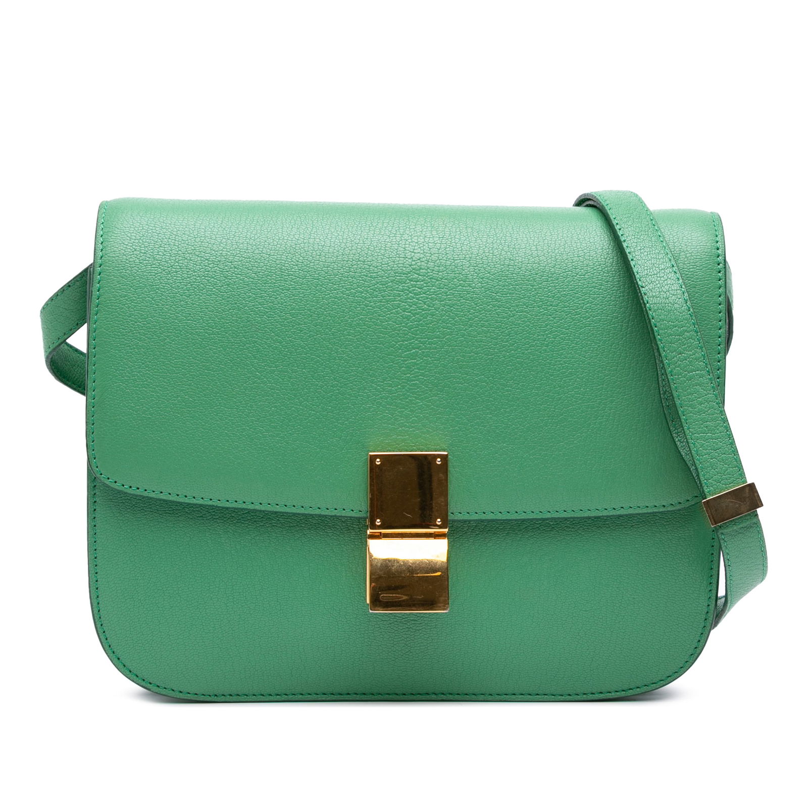 Celine Green Medium Calfskin Classic Box Crossbody Bag: Celine Green Medium Calfskin Classic Box Crossbody Bag Elevate your style with the Celine Medium Calfskin Classic Box, a sophisticated crossbody bag crafted from premium leather. Featuring a sleek des