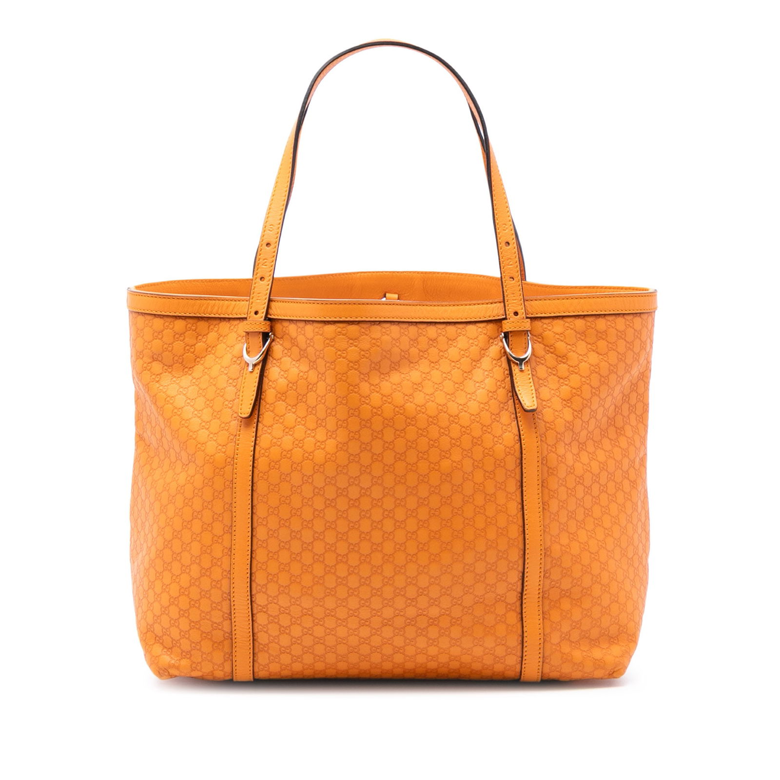Orange Leather Gucci Microguccissima Nice Tote Bag from Italy: Orange Leather Gucci Microguccissima Nice Tote Bag from Italy This Gucci Microguccissima Nice Tote features an embossed leather body in orange, complemented by flat leather straps. The open top design