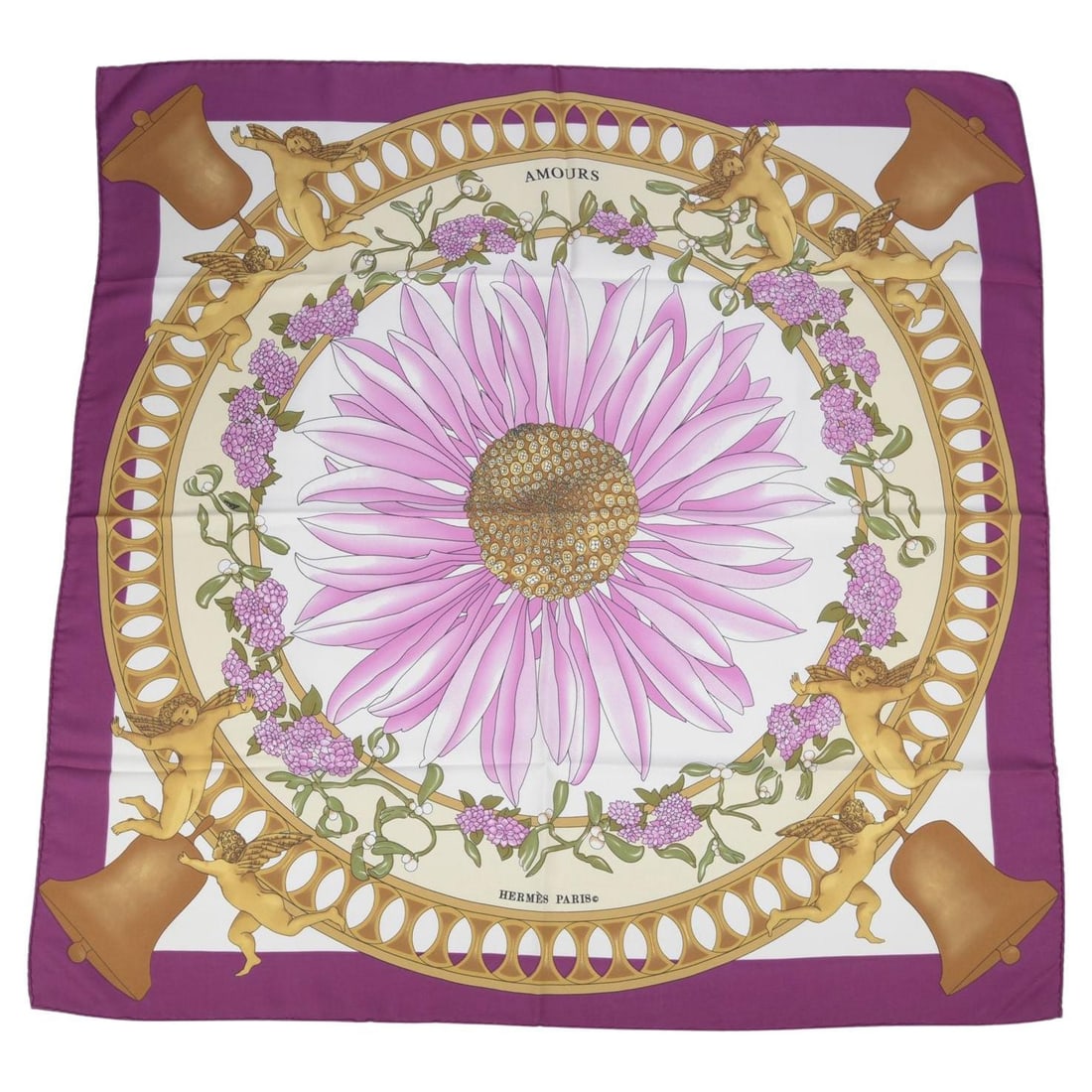 Hermes Amours 35 Inch Purple and White Silk Square Scarf With Daisy Motif: Hermes Amours 35 Inch Purple and White Silk Square Scarf With Daisy Motif Hermes "Amours" silk scarf features a striking central daisy surrounded by delicate petals, with intricate gold motifs and ang