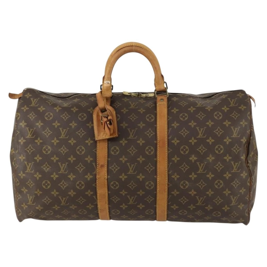 Louis Vuitton Keepall Monogram Canvas Travel Bag 55cm: Louis Vuitton Keepall Monogram Canvas Travel Bag 55cm This Louis Vuitton Keepall bag features the iconic monogram canvas in brown and is designed for unisex use. The bag shows signs of use including s