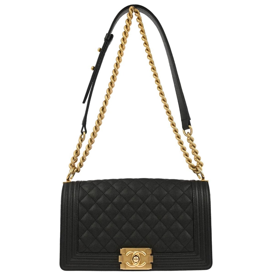 Chanel Boy Flap Quilted Caviar Leather Bag Black 25cm: Chanel Boy Flap Quilted Caviar Leather Bag Black 25cm This Chanel Boy Flap Bag is crafted from black quilted caviar leather, designed for female use. It features a compact rectangular shape with a cha