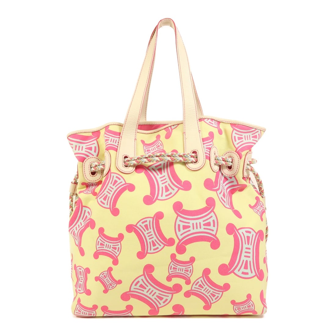 CELINE Macadam Shoulder Tote Bag Yellow Pink Canvas: CELINE Macadam Shoulder Tote Bag Yellow Pink Canvas This stylish CELINE Macadam Shoulder Tote Bag is crafted from durable canvas in a vibrant yellow and pink color scheme. It features a spacious inter