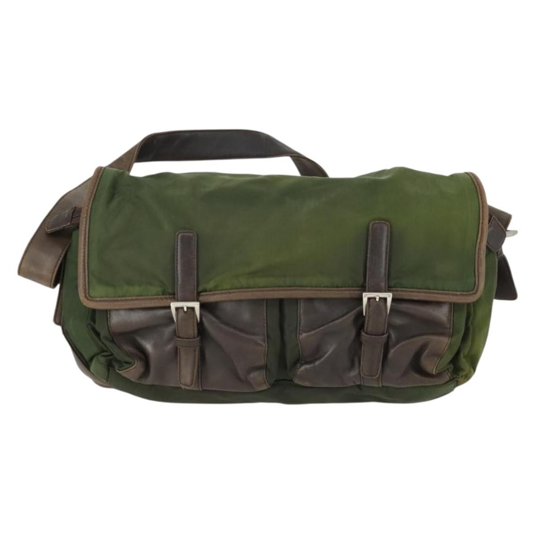 Green Prada Nylon and Leather Unisex Vintage Shoulder Purse: Green Prada Nylon and Leather Unisex Vintage Shoulder Purse This Prada vintage shoulder bag is crafted from green nylon with leather accents, offering a unisex design. Made in Italy, the bag features