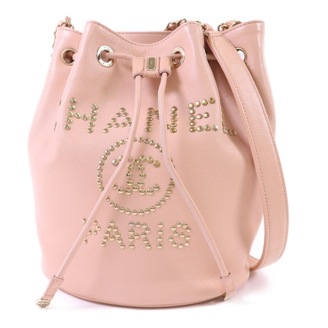 Pink Calfskin CHANEL AS1045 Bucket Bag with Gold Tone CC Rivets: Pink Calfskin CHANEL AS1045 Bucket Bag with Gold Tone CC Rivets This CHANEL CC rivet drawstring bucket shoulder bag features a stylish pink calfskin leather exterior with a drawstring closure and gold