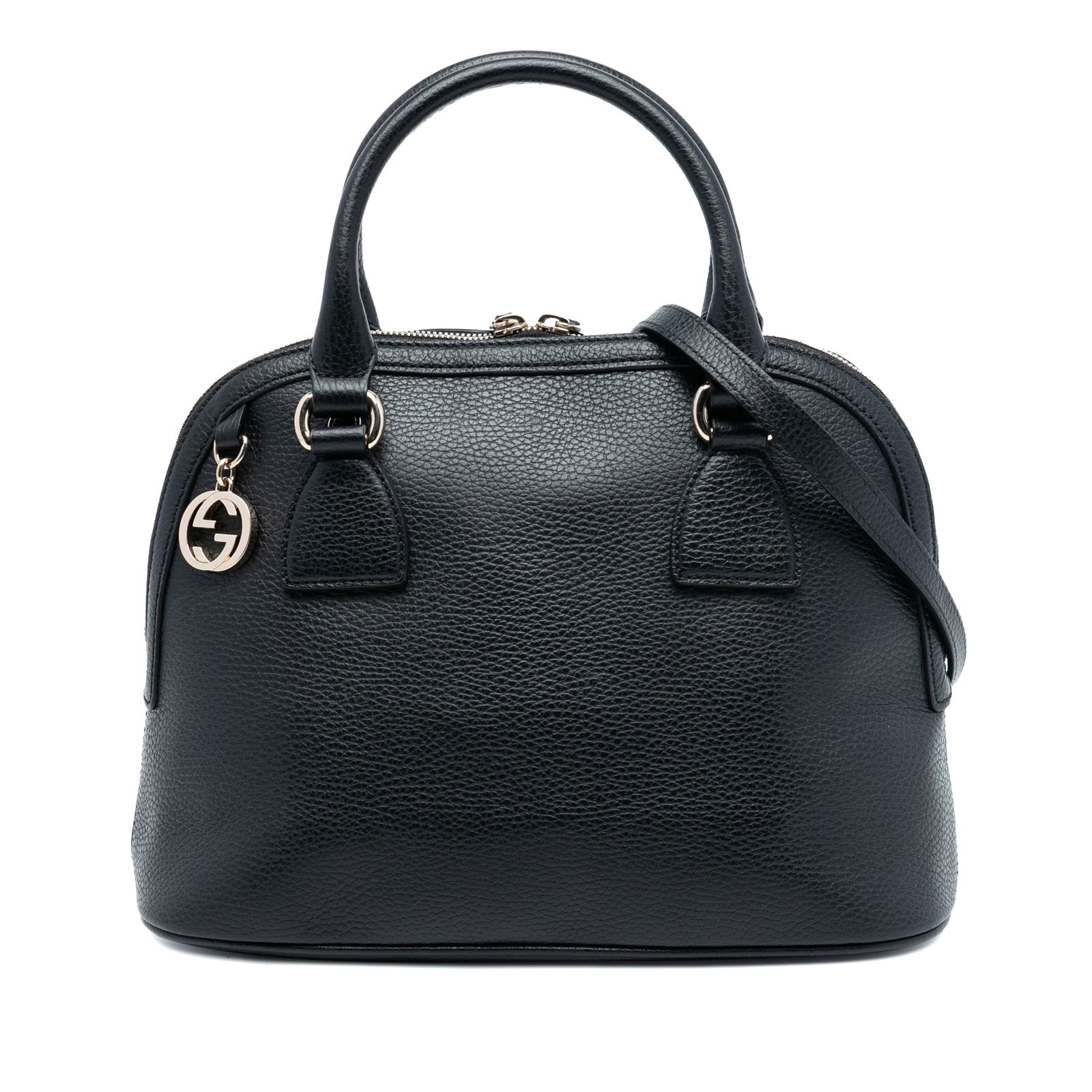 Gucci Dome Satchel in Black Calfskin with GG Charm: Gucci Dome Satchel in Black Calfskin with GG Charm This Gucci Small Dollar Calfskin GG Charm Dome Satchel is crafted from black calf leather with rolled leather handles and a detachable flat leather s