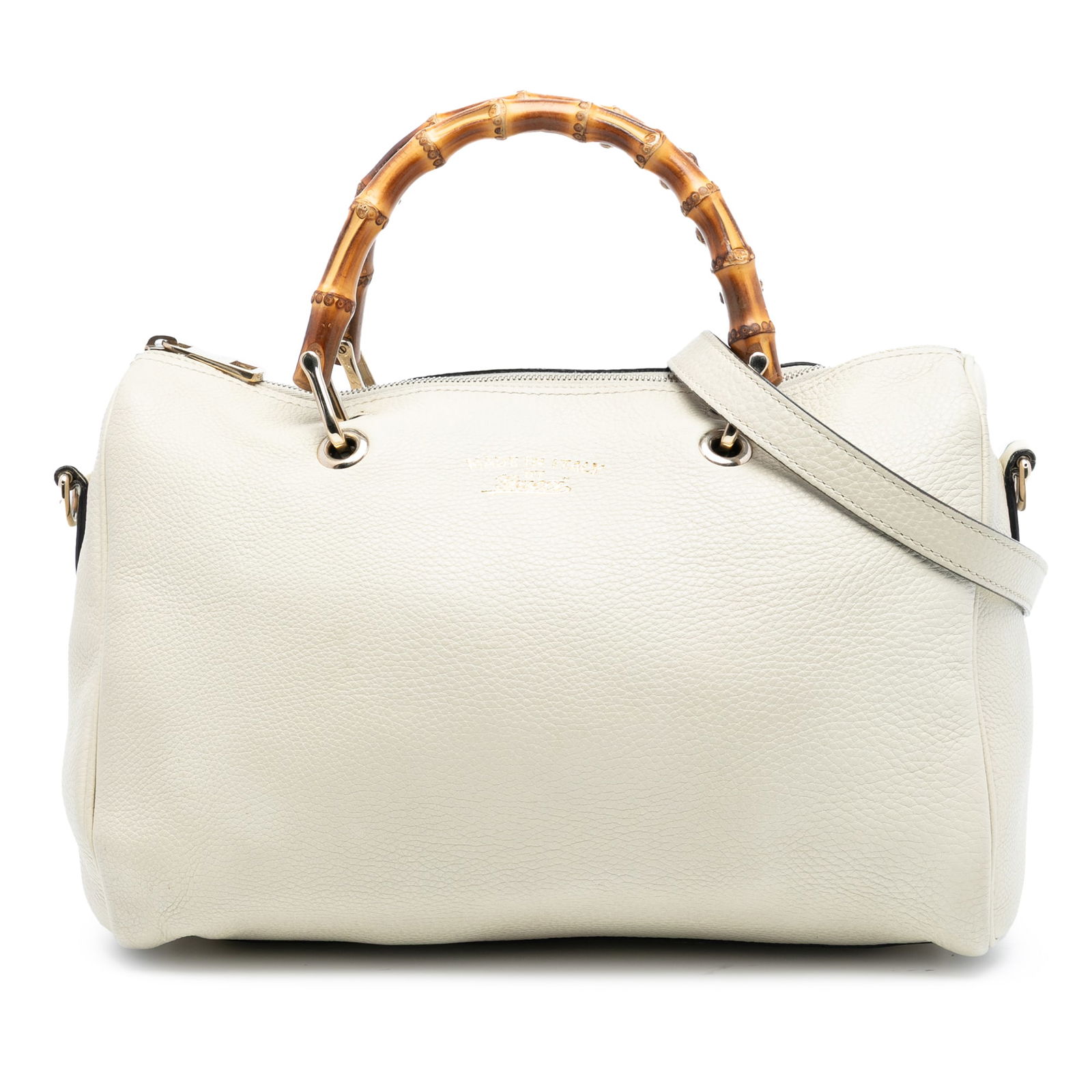 Gucci Bamboo Shopper Boston White Medium Calfskin Leather Satchel Bag: Gucci Bamboo Shopper Boston White Medium Calfskin Leather Satchel Bag This Gucci Medium Calfskin Bamboo Shopper Boston Bag features a white calf leather body with distinctive bamboo top handles, a det