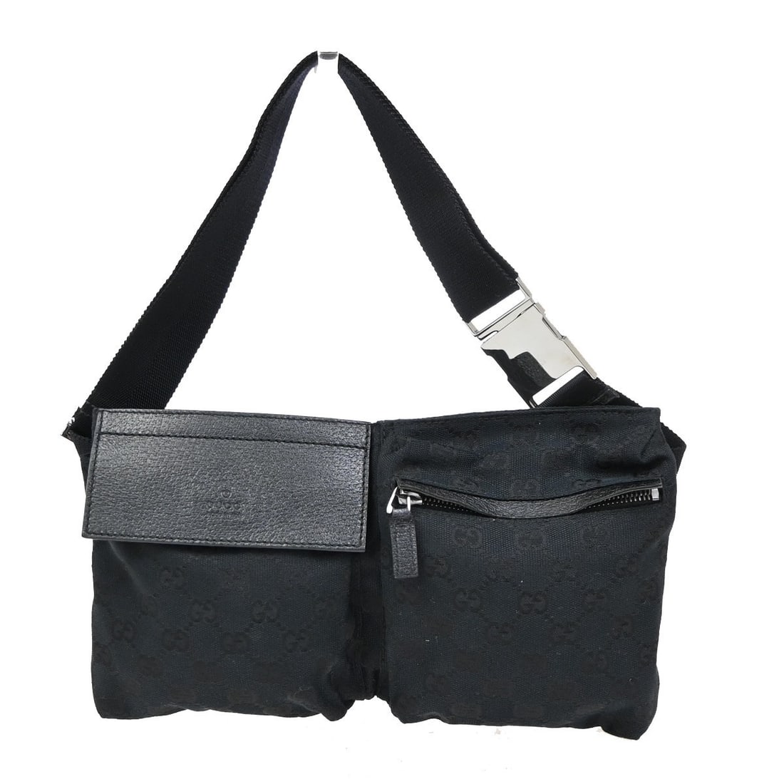 Black GG Canvas Belt Bag Vintage Double Style by Gucci: Black GG Canvas Belt Bag Vintage Double Style by Gucci This Gucci Vintage Double Belt Bag is crafted from classic GG canvas with leather accents. Designed for unisex use, it features a black colorway