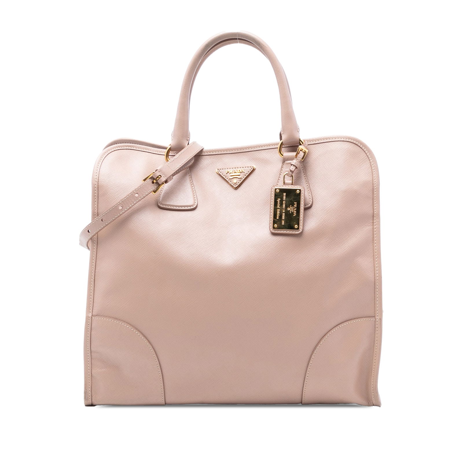 Prada Saffiano Lux Pink Leather Tote with Adjustable Strap: Prada Saffiano Lux Pink Leather Tote with Adjustable Strap This Prada Saffiano Lux Shopping Tote is crafted from saffiano leather with leather trim, featuring rolled leather handles, a detachable and