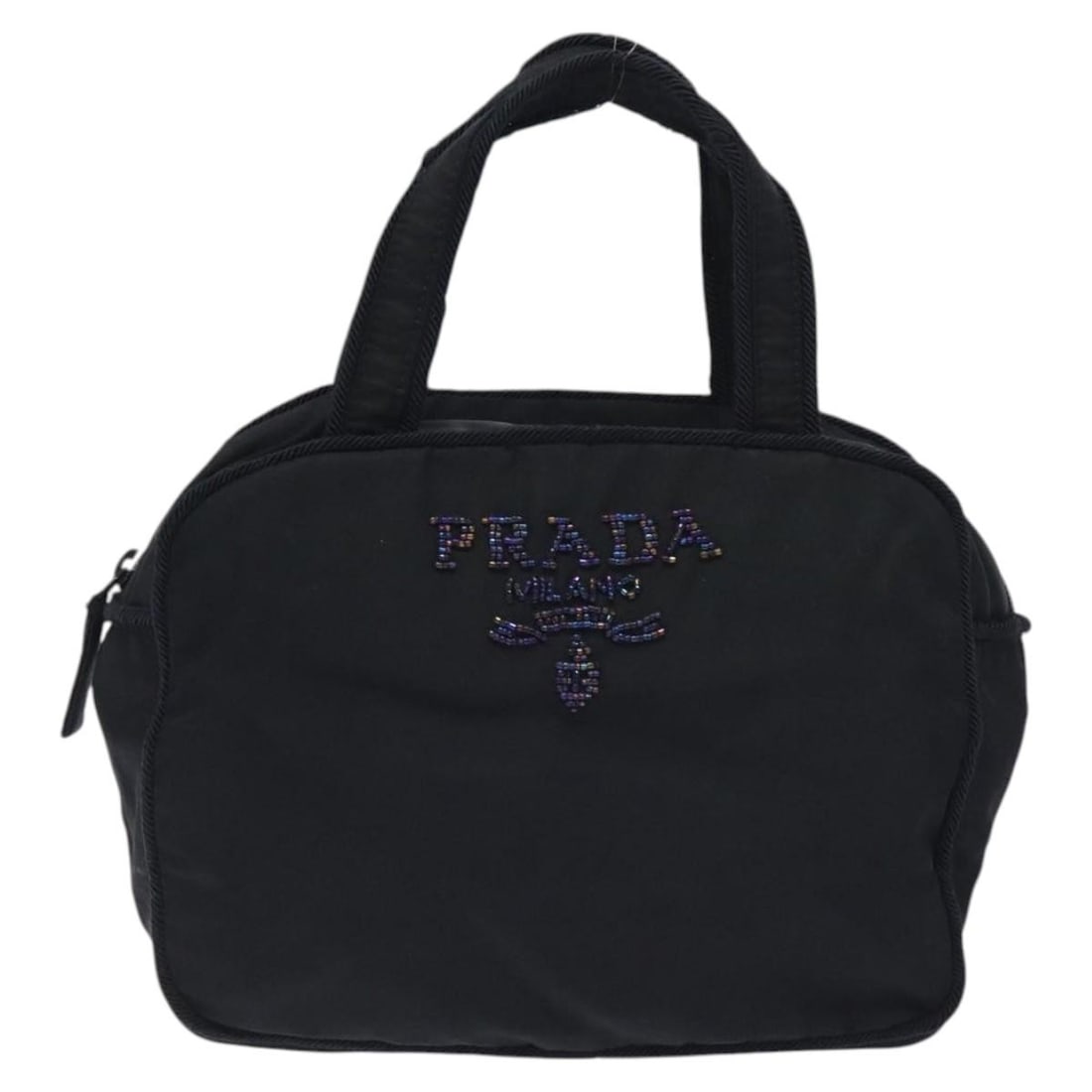 Prada Tessuto Nylon Zip Closure Women's Handbag Black Vintage: Prada Tessuto Nylon Zip Closure Women's Handbag Black Vintage This Prada vintage zip handbag for women features black nylon construction with metal fittings. The bag shows signs of wear including surf