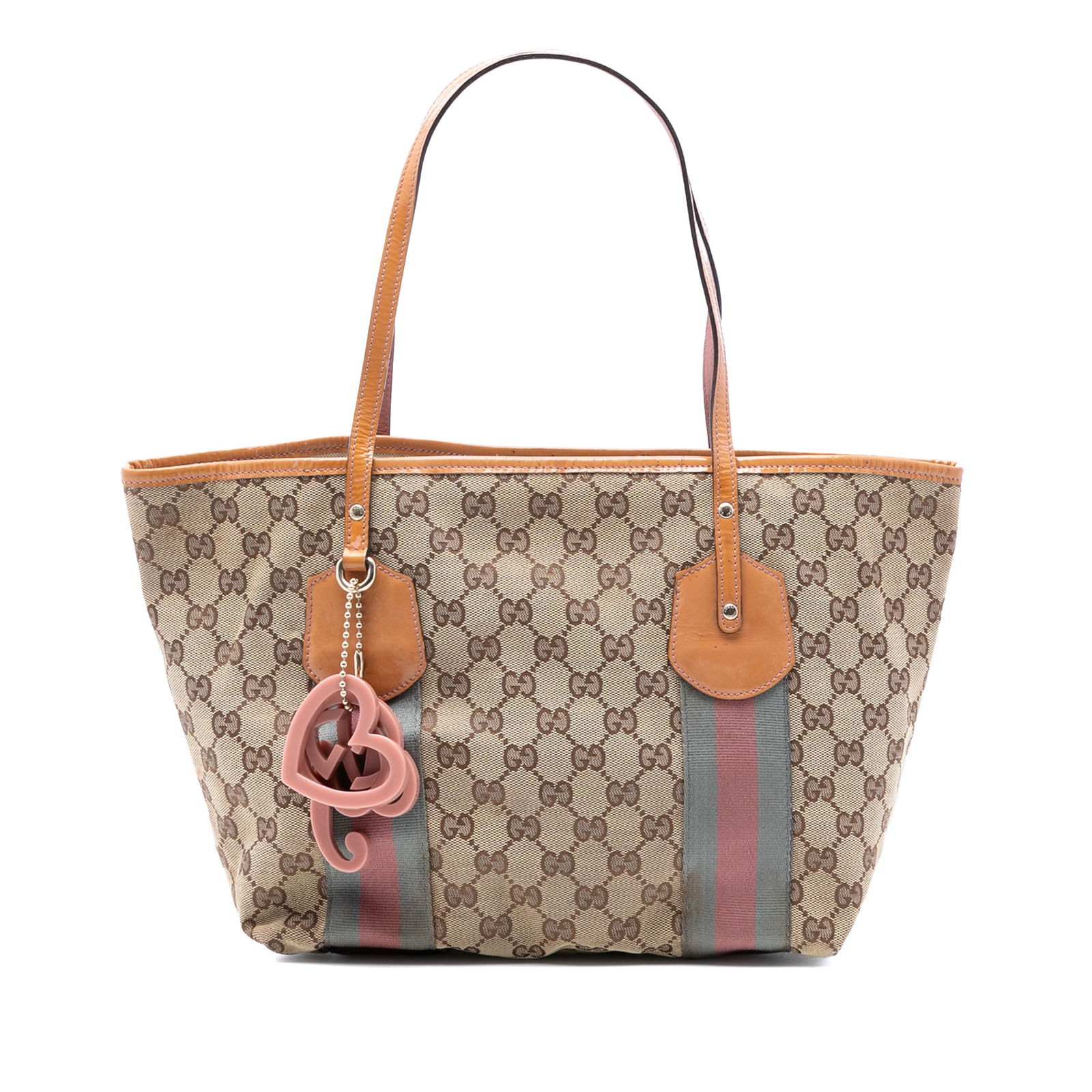 GG Canvas Web Jolie Tote Bag with Patent Trim by Gucci: GG Canvas Web Jolie Tote Bag with Patent Trim by Gucci The Gucci GG Canvas Web Jolie Tote features a brown canvas body with patent leather trim and flat leather straps. Designed with an open top, this