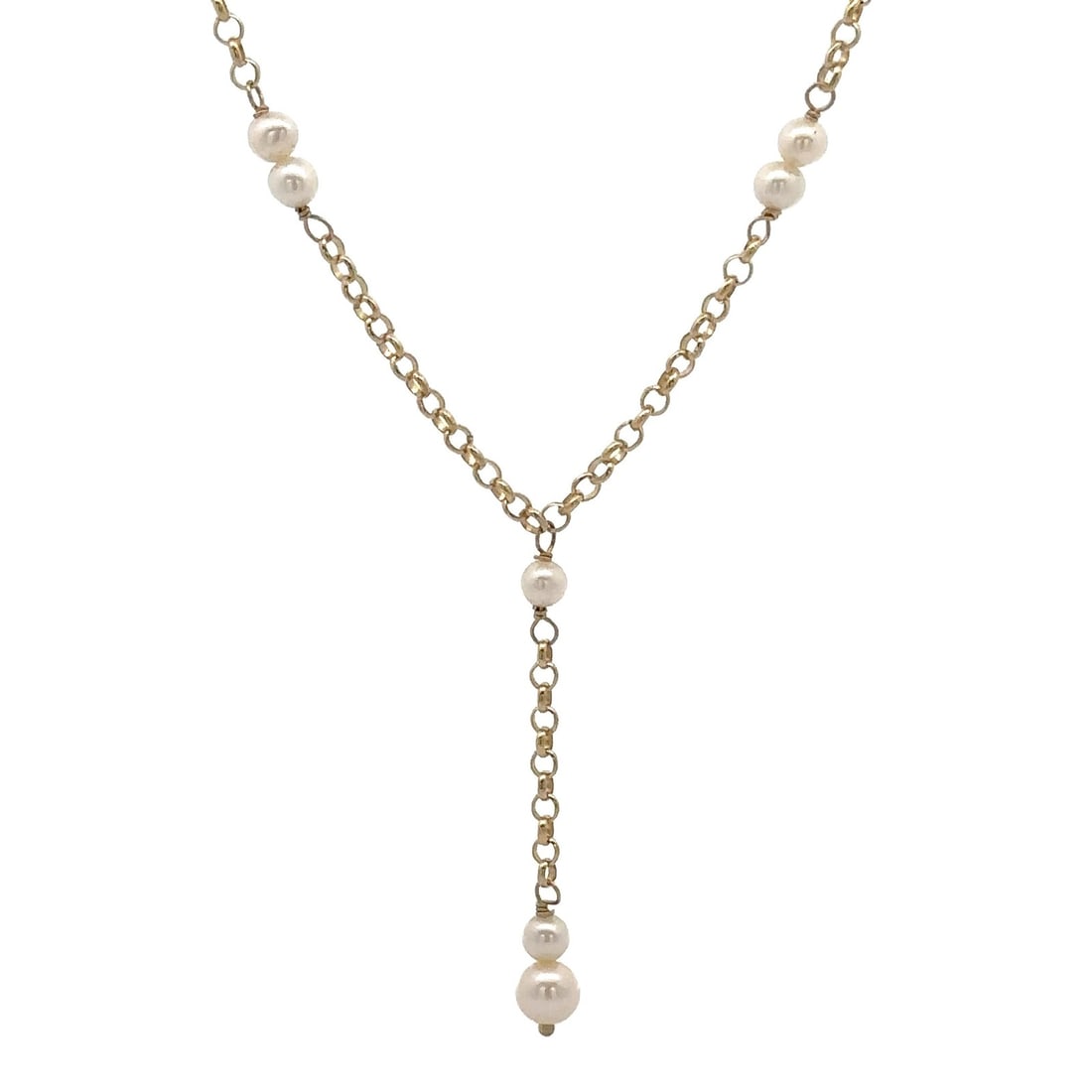 14k Yellow Gold Pearl Lariat Drop 16 Inch Rolo Link Necklace: 14k Yellow Gold Pearl Lariat Drop 16 Inch Rolo Link Necklace This exquisite 14k Yellow Gold Pearl Station Lariat Drop Necklace features a stunning design with 13 genuine cultured pearls. Each round pe