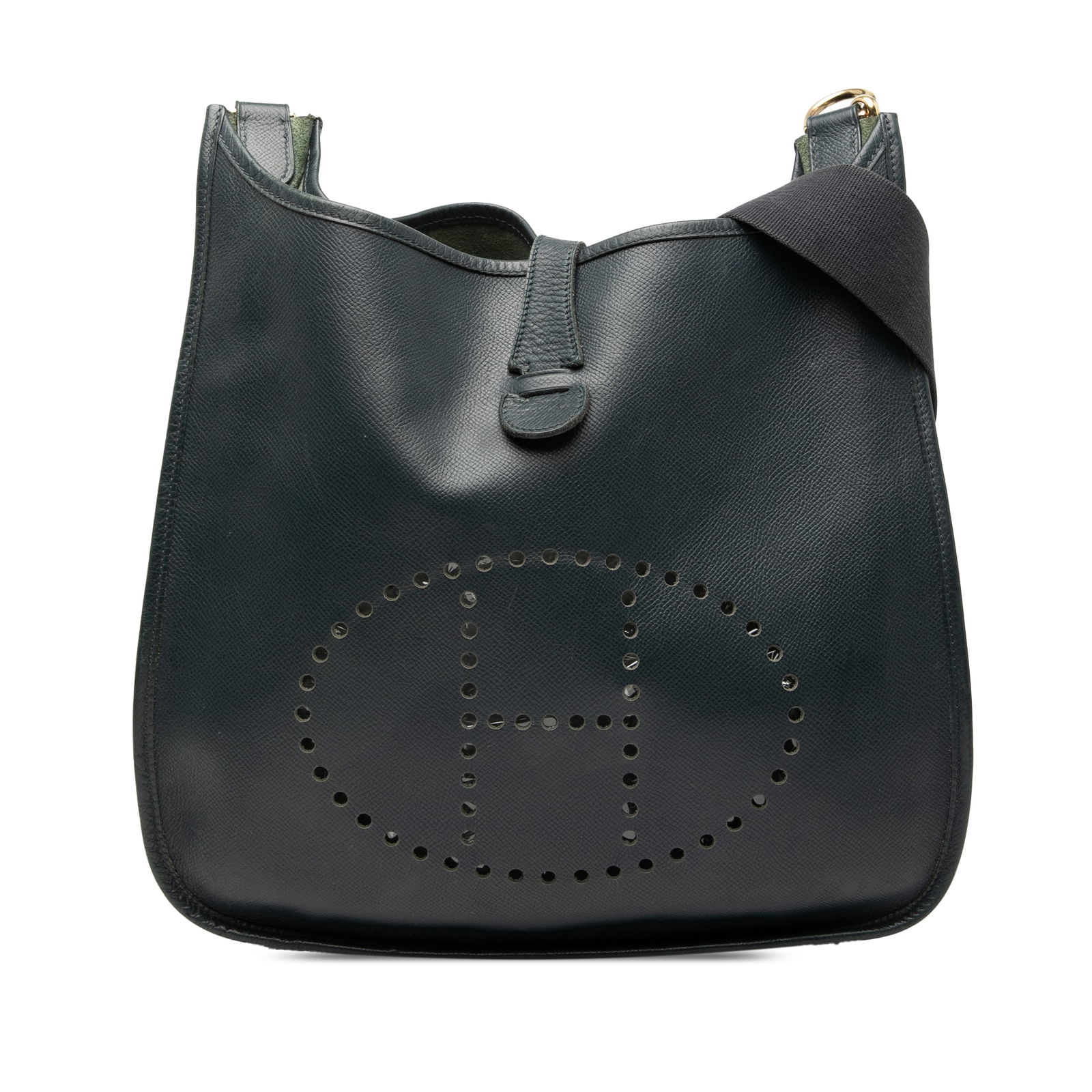 Hermes Clemence Evelyne GM Blue Leather Bag: Hermes Clemence Evelyne GM Blue Leather Bag Introducing the Hermes Clemence Evelyne GM, a stylish handbag crafted from high-quality Clemence leather in a striking Caban color. This bag features a flat