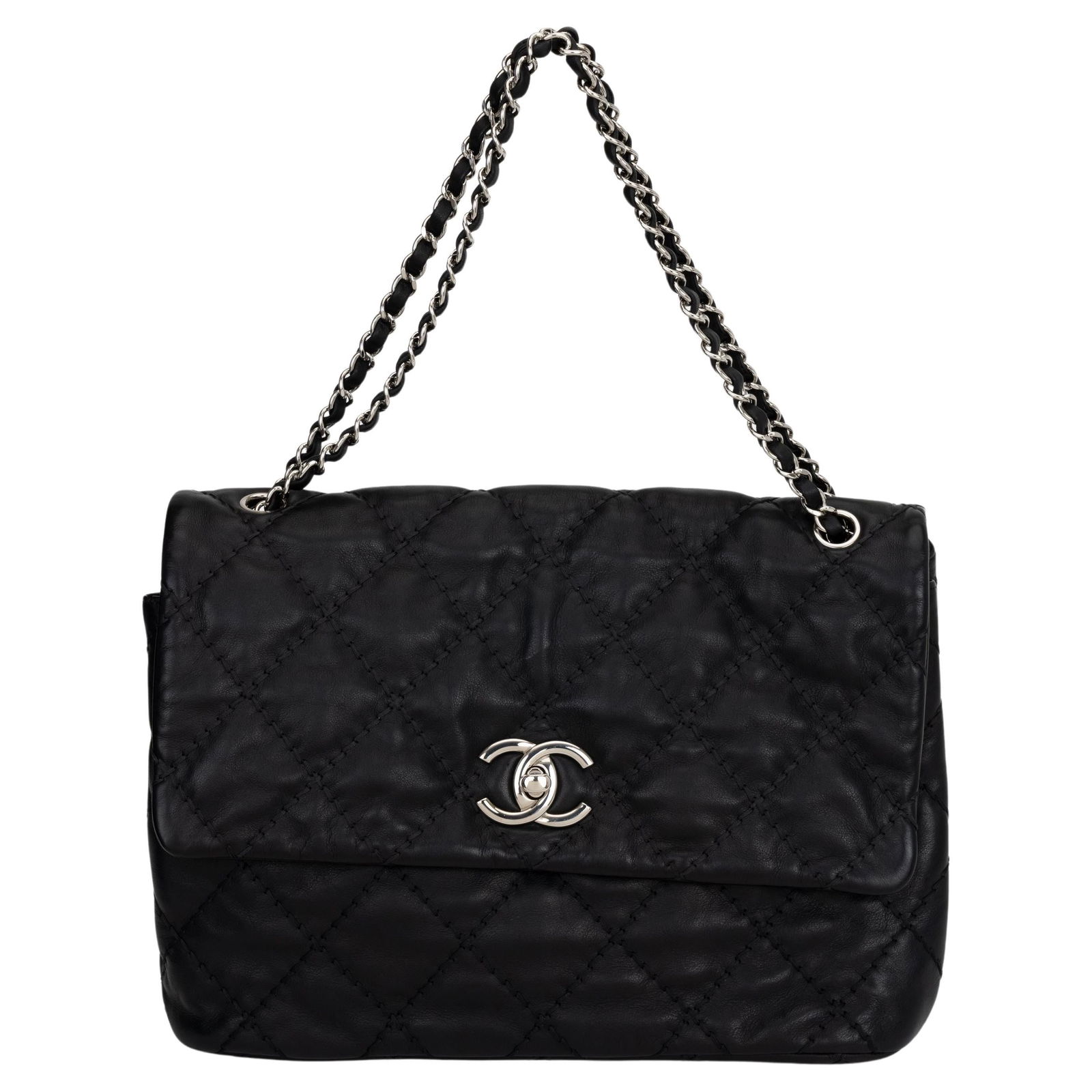 Chanel Black Quilted Shoulder Bag with Silver Tone Hardware: Chanel Black Quilted Shoulder Bag with Silver Tone Hardware This exquisite Chanel Black Quilted Large Shoulder Bag is a timeless accessory that complements any outfit. Crafted from luxurious materials