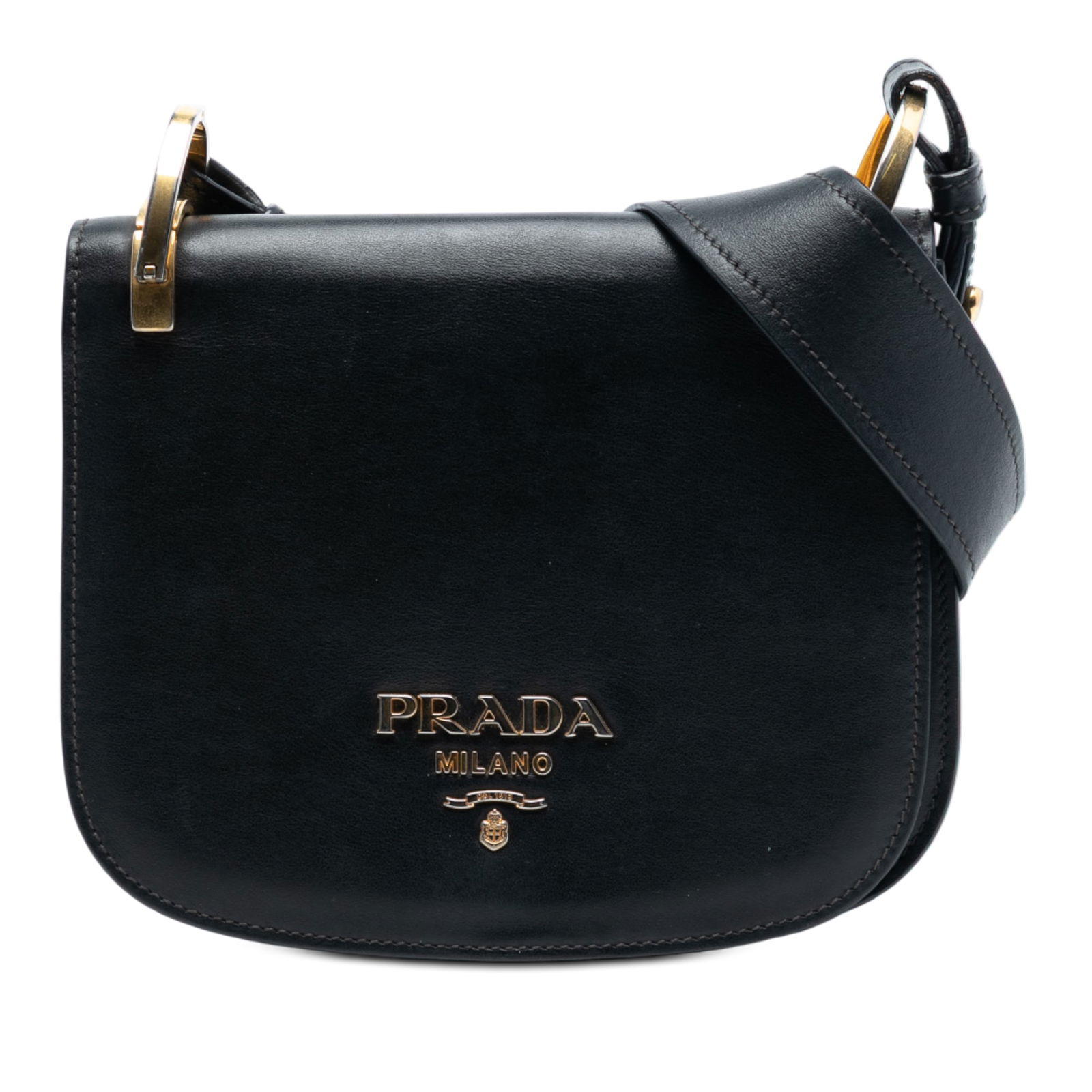 Prada Pionniere City Calf Leather Black Saddle Crossbody Bag: Prada Pionniere City Calf Leather Black Saddle Crossbody Bag This Prada City Calf Pionniere Saddle Bag is crafted from black leather and features a crossbody design with a flat leather strap, front fl