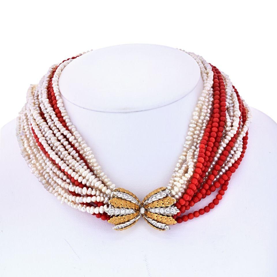 Buccellati 18K Gold Necklace With Coral Pearl Strands and Diamond Clasp: Buccellati 18K Gold Necklace With Coral Pearl Strands and Diamond Clasp This elegant necklace, crafted by Mario Buccellati in Italy in the 1950s, features sixteen strands composed of ten white freshwa