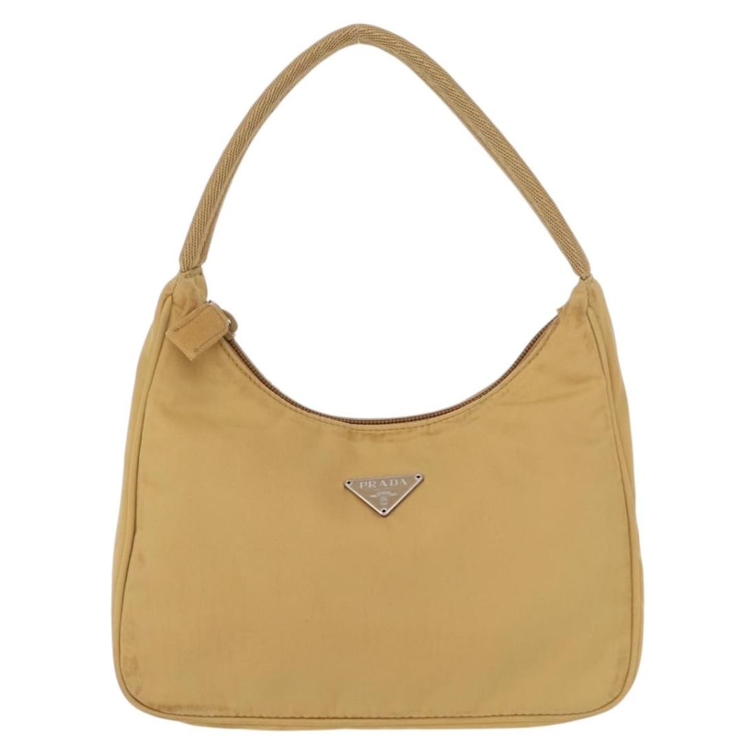 Beige Nylon Prada Hobo Bag 21cm x 14cm x 6cm Italian Made: Beige Nylon Prada Hobo Bag 21cm x 14cm x 6cm Italian Made This Prada Hobo bag is crafted from beige nylon and designed for women. It features a spacious interior and a hobo silhouette. The bag shows s