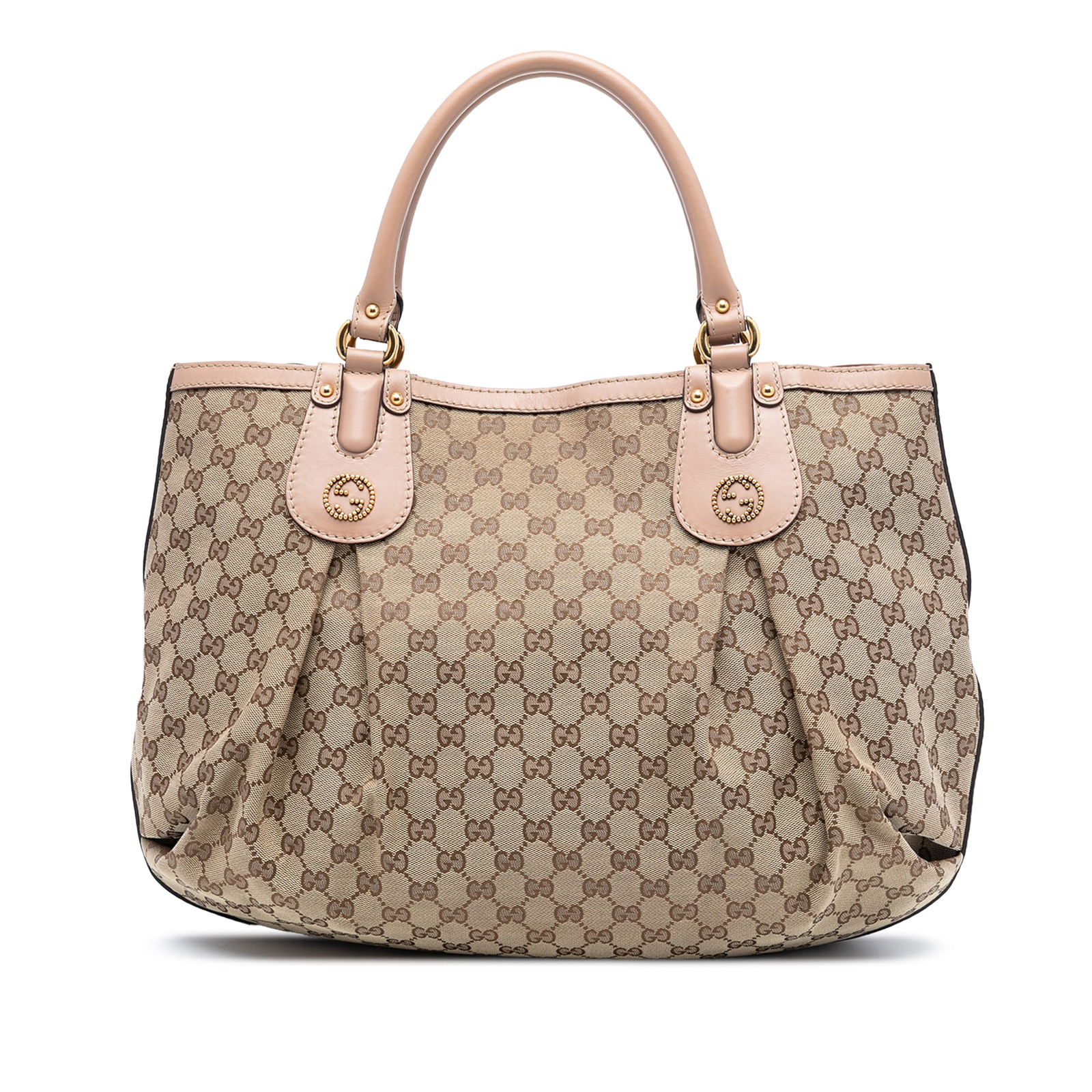 Brown Fabric Tote Bag with Leather Trim by Gucci Scarlett Model: Brown Fabric Tote Bag with Leather Trim by Gucci Scarlett Model This Gucci Large GG Canvas Scarlett Tote features a canvas body with leather trim, rolled leather handles, an open top with magnetic sna