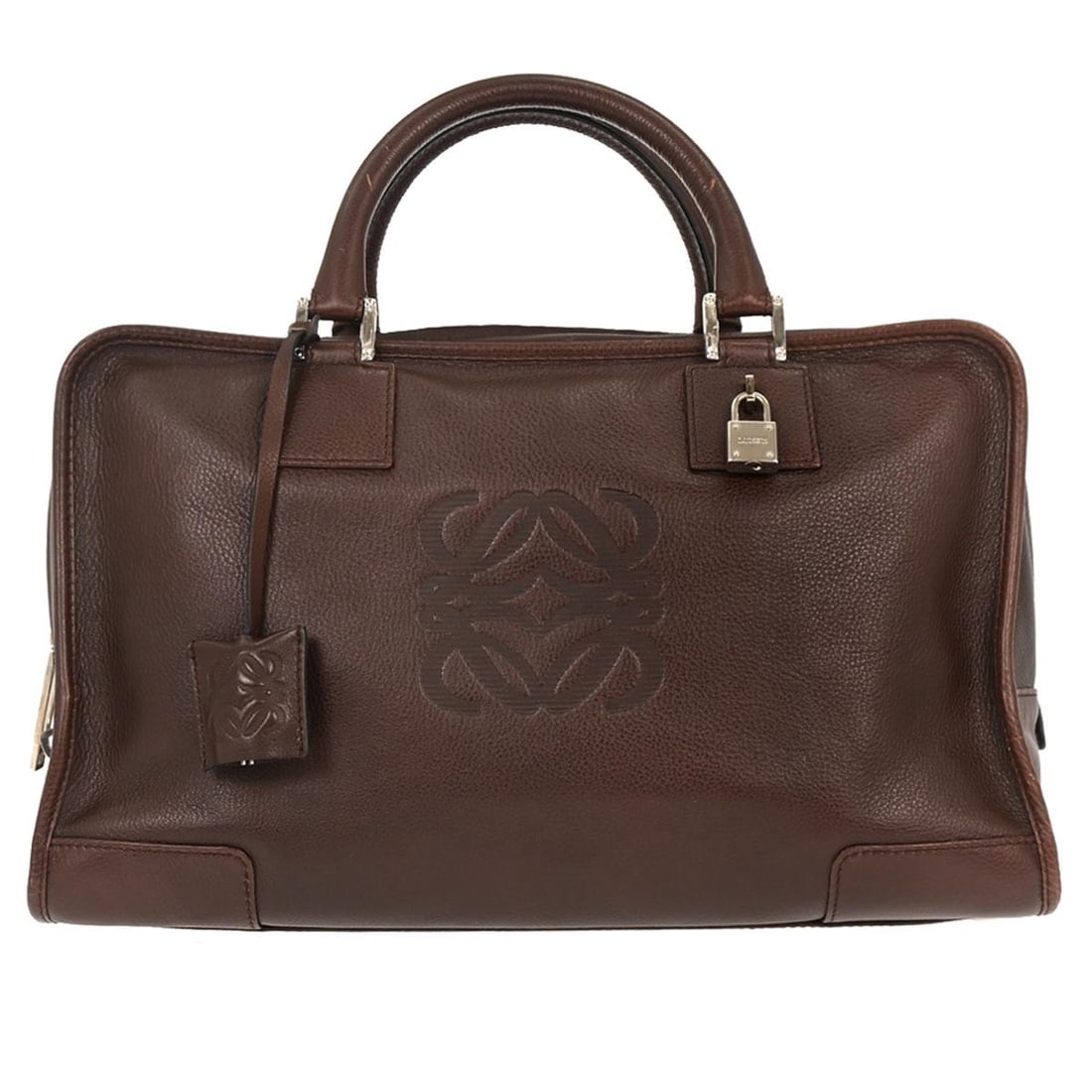 Loewe Amazona Brown Leather Handbag 36cm Spain: Loewe Amazona Brown Leather Handbag 36cm Spain This Loewe Amazona Bag is crafted from brown leather and designed for women. The exterior shows some scuffs and scratches, while the interior is in very