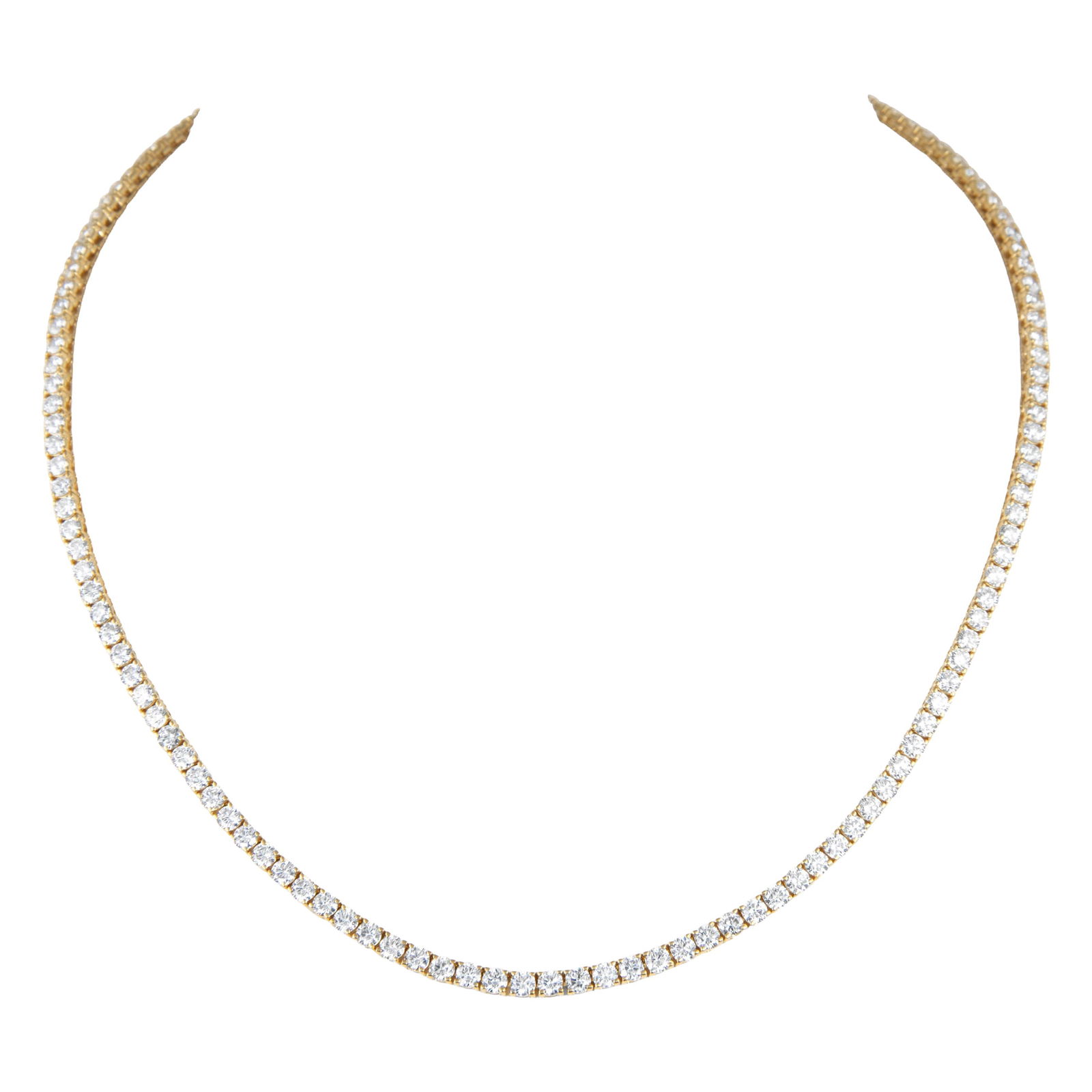11.06ct Diamond Tennis Necklace 18k Yellow Gold: 11.06ct Diamond Tennis Necklace 18k Yellow Gold This stunning diamond tennis necklace features 140 round brilliant diamonds totaling 11.06 carats, set in exquisite 18k yellow gold. The diamonds are ap