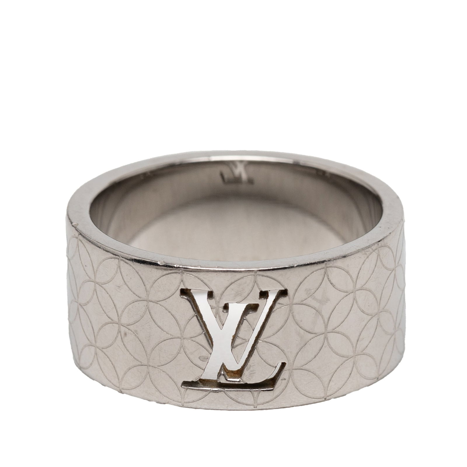 Stainless Steel Champs Elysees Ring by Louis Vuitton Size L: Stainless Steel Champs Elysees Ring by Louis Vuitton Size L This Louis Vuitton LV Champs Elysees ring features a stainless steel body in a silver tone. It is a US size 9 1/4 and is categorized as cost