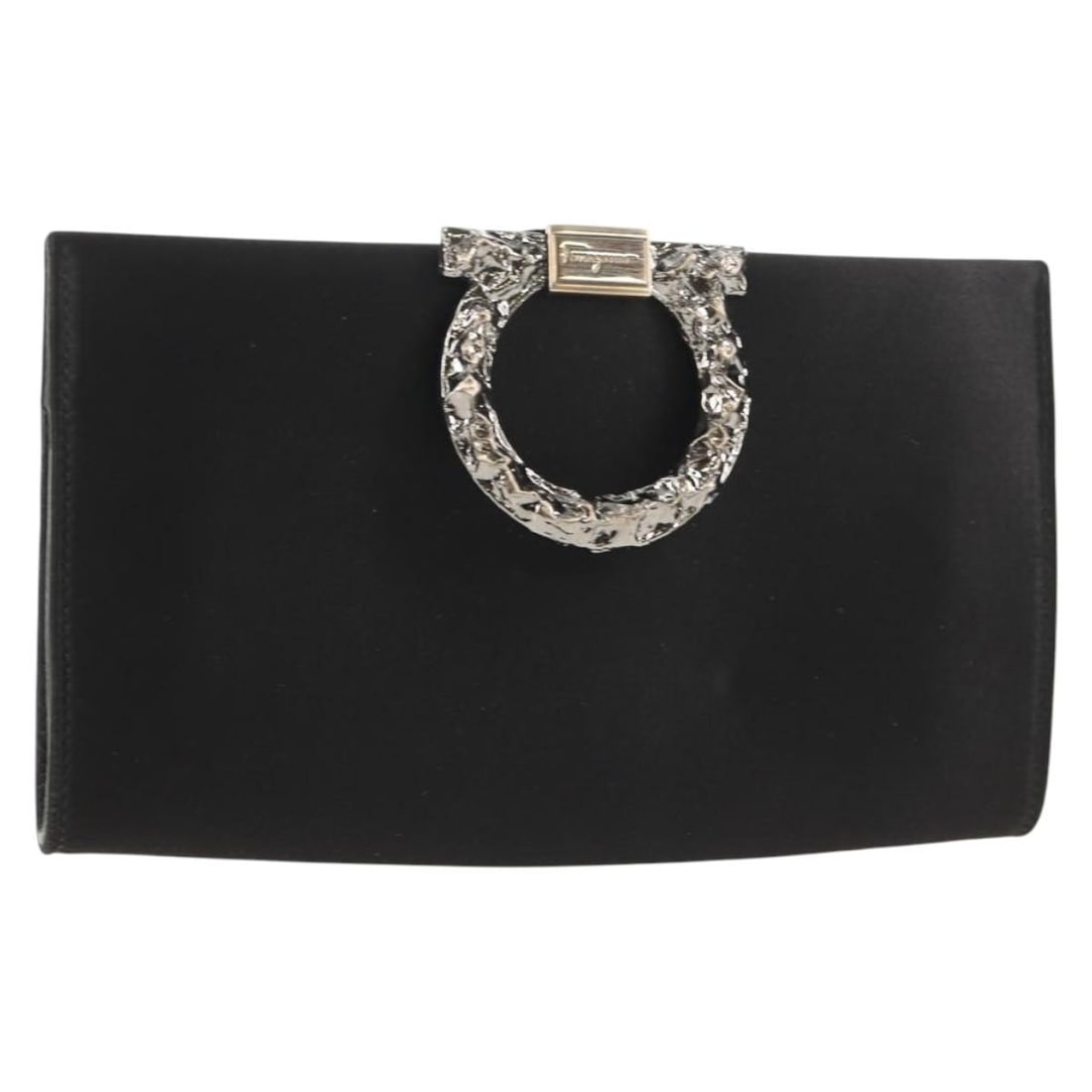 Salvatore Ferragamo Gancini Black Silver Satin Clutch Bag Italy Auth 146102V (1 of 18)