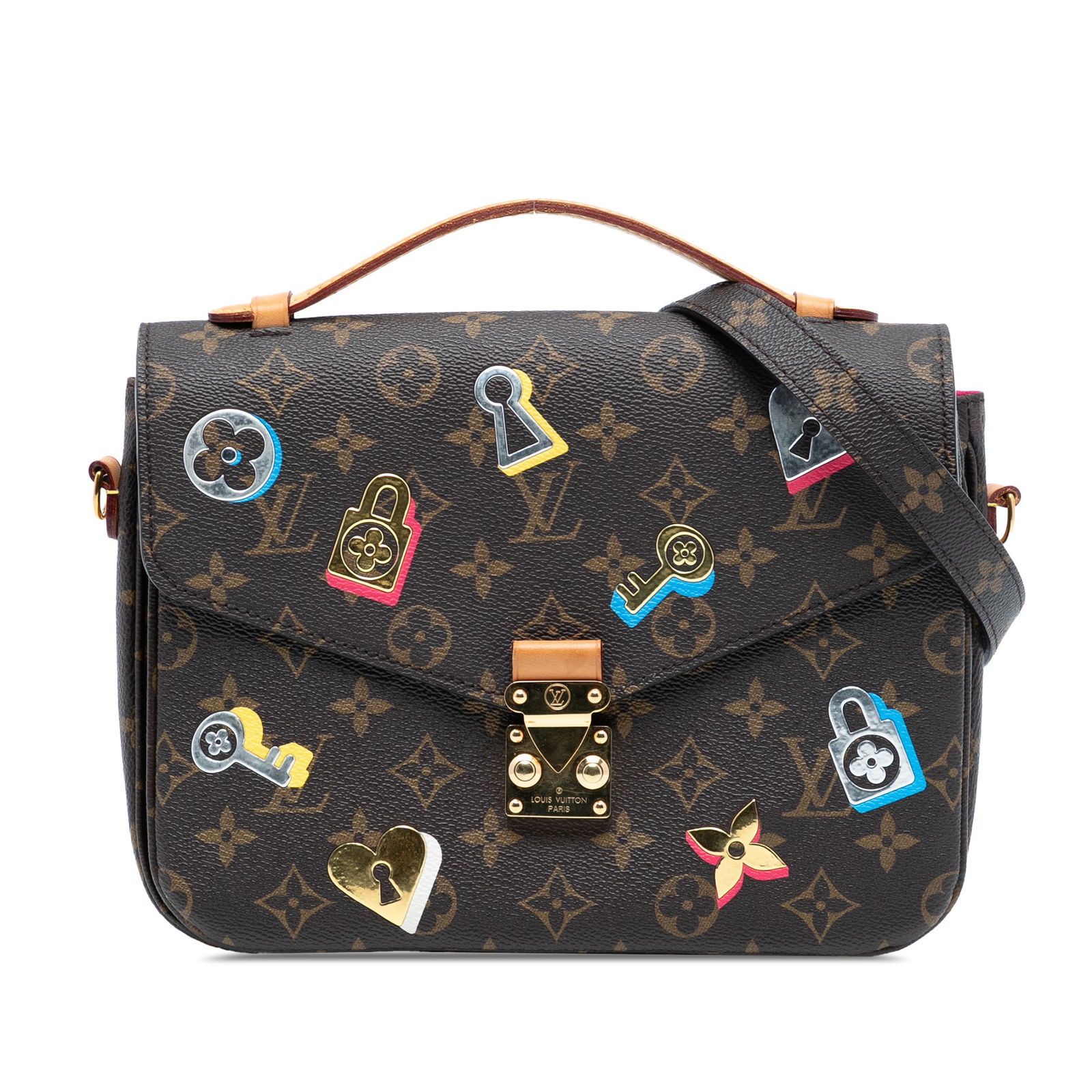 Monogram Love Lock Pochette Metis Bag by Louis Vuitton with Top Handle: Monogram Love Lock Pochette Metis Bag by Louis Vuitton with Top Handle The Louis Vuitton Monogram Love Lock Pochette Metis showcases a monogram canvas body, a flat vachetta leather top handle, and a d