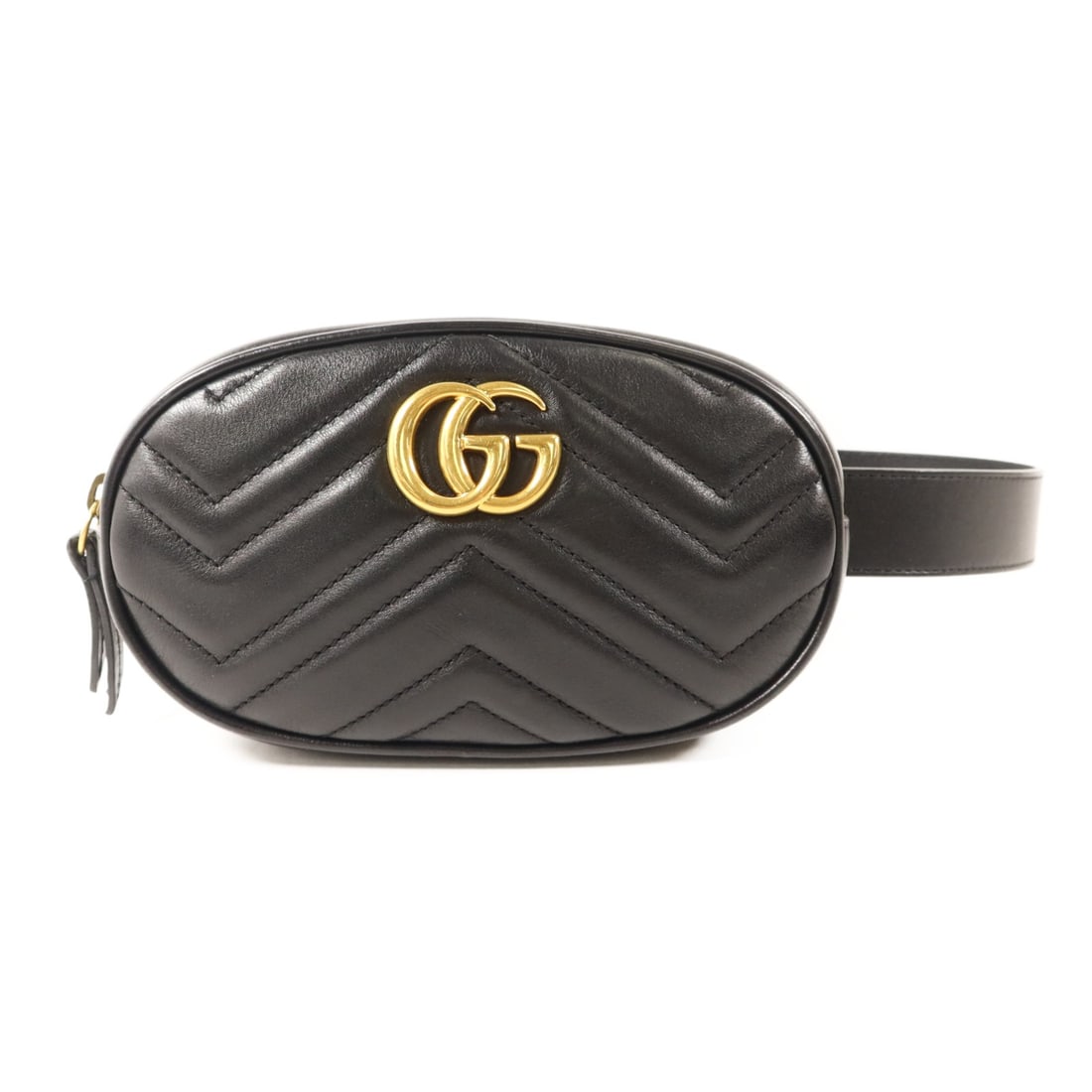 Gucci Marmont Black Calfskin Waist Bag with GG and Gold Hardware: Gucci Marmont Black Calfskin Waist Bag with GG and Gold Hardware This Gucci Marmont belt bag features black calfskin leather with a structured silhouette. The bag is accented by gold-tone hardware and