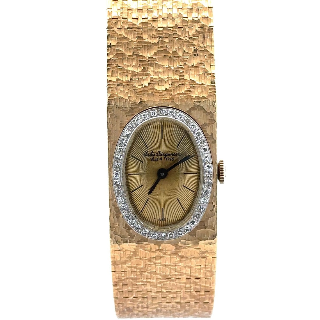 Jules Jurgensen Vintage 14k Gold Rectangular Textured Watch Bracelet: Jules Jurgensen Vintage 14k Gold Rectangular Textured Watch Bracelet Discover a vintage Jules Jurgensen wristwatch that exudes elegance and timeless style. Crafted from solid 14k yellow gold, this rec