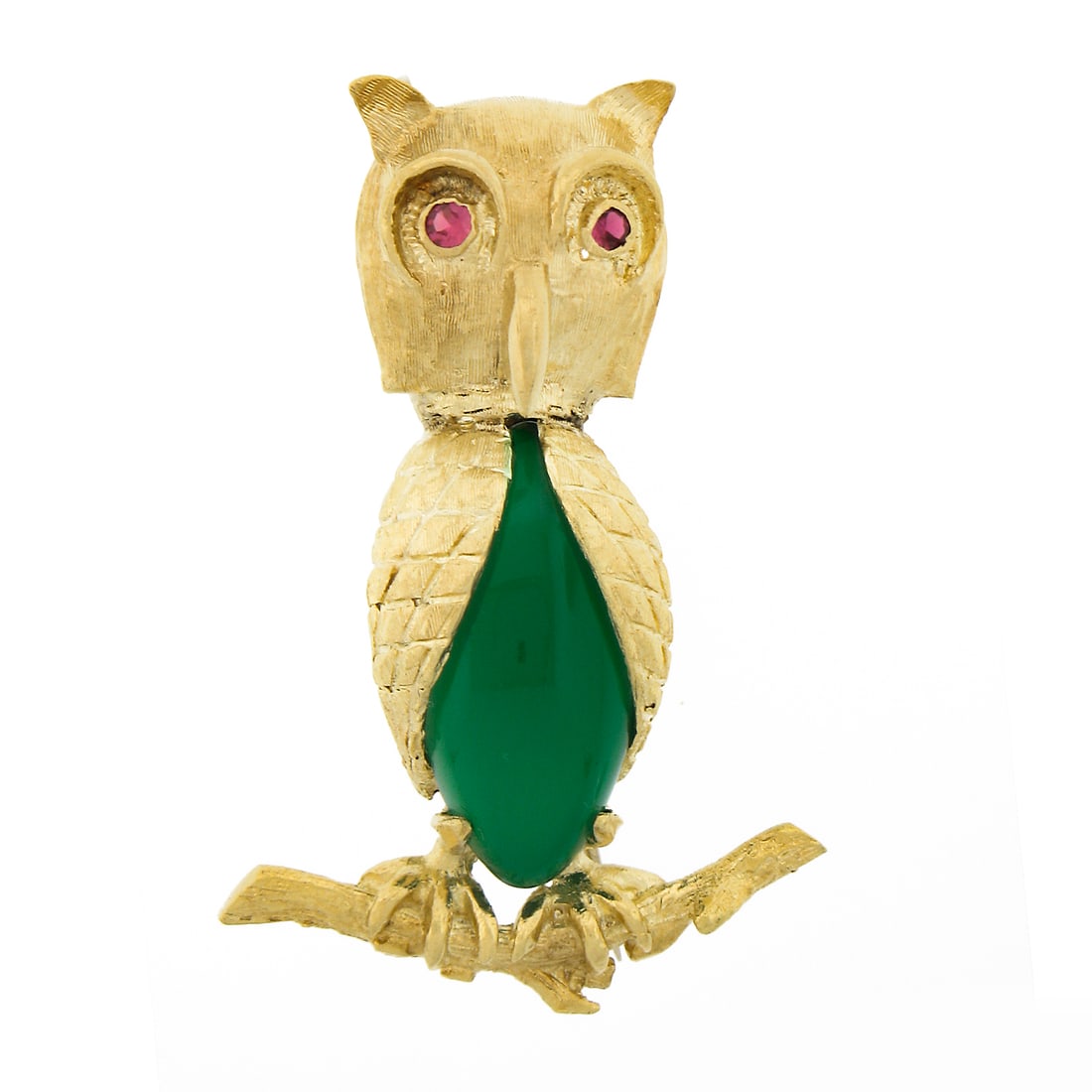 Vintage 18k Yellow Gold Owl Brooch with Green Chalcedony and Ruby Eyes (1 of 6)