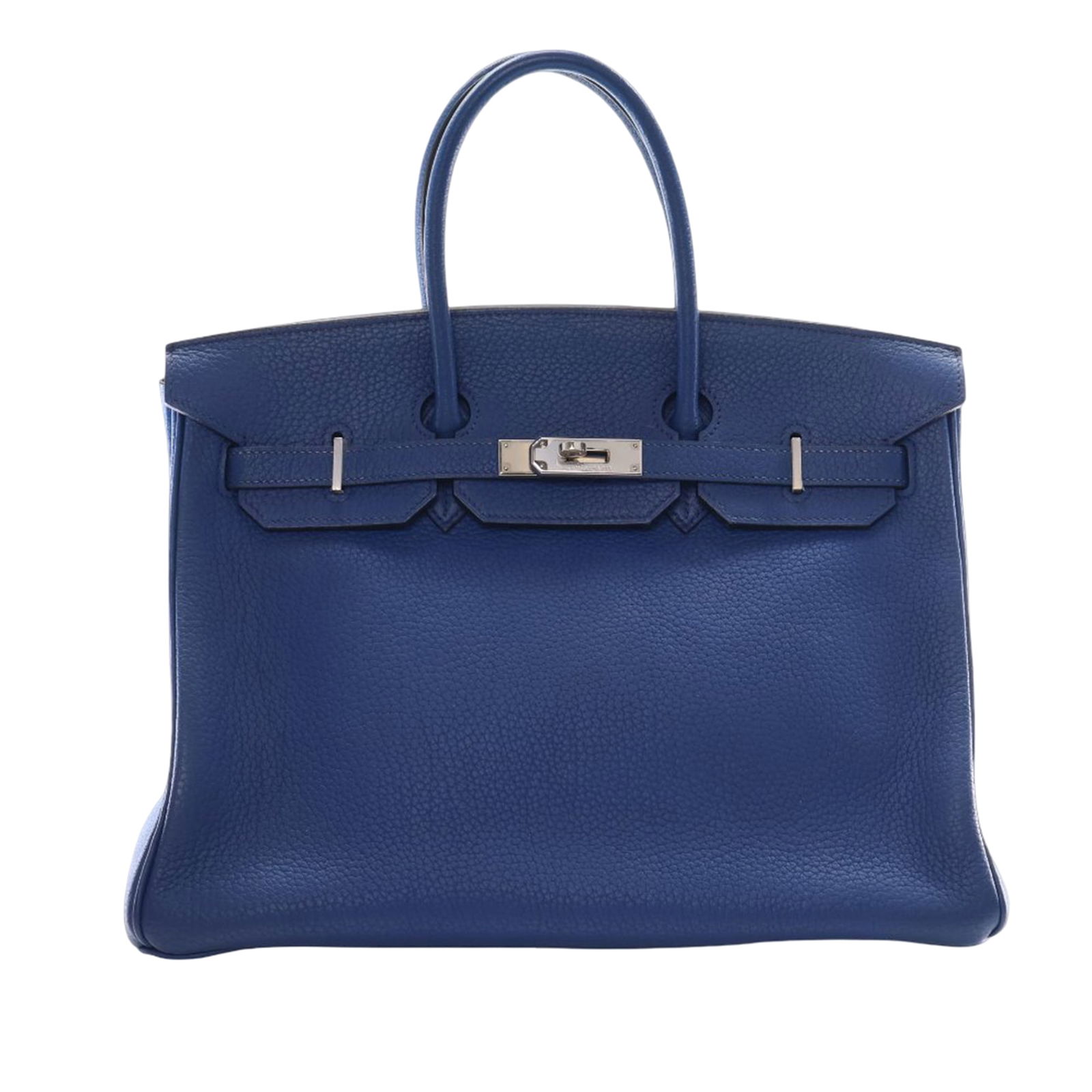 Blue de Malte Togo Leather Birkin 35 Bag by Hermes: Blue de Malte Togo Leather Birkin 35 Bag by Hermes This Hermes Togo Birkin Retourne 35 showcases a Blue de Malte togo leather body with rolled leather handles and a front flap secured by a turn-lock c