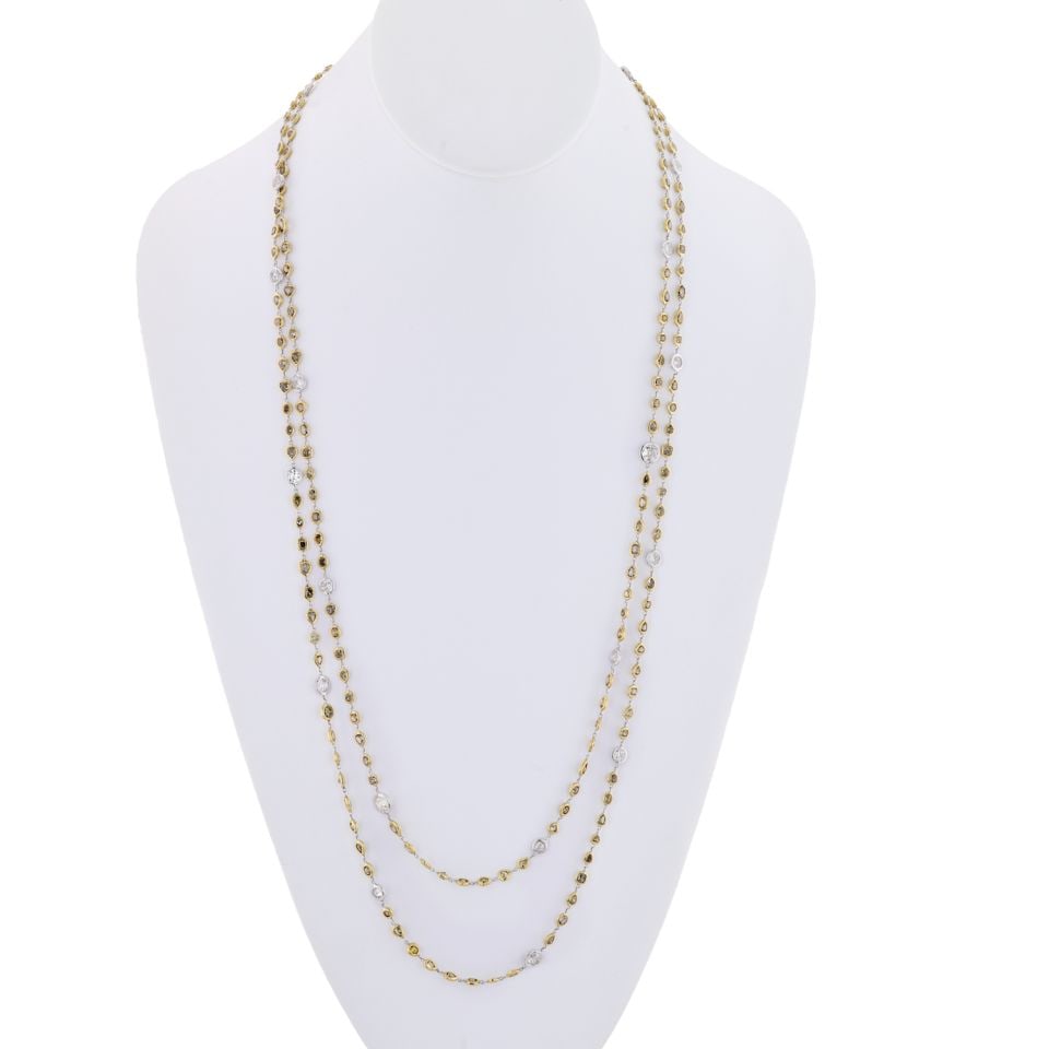 Platinum 18K Yellow Gold 56 Inch Diamonds By The Yard Necklace 32 Cts: Platinum 18K Yellow Gold 56 Inch Diamonds By The Yard Necklace 32 Cts This exquisite Diamonds By The Yard necklace showcases a stunning blend of natural fancy color and white diamonds, designed to ele