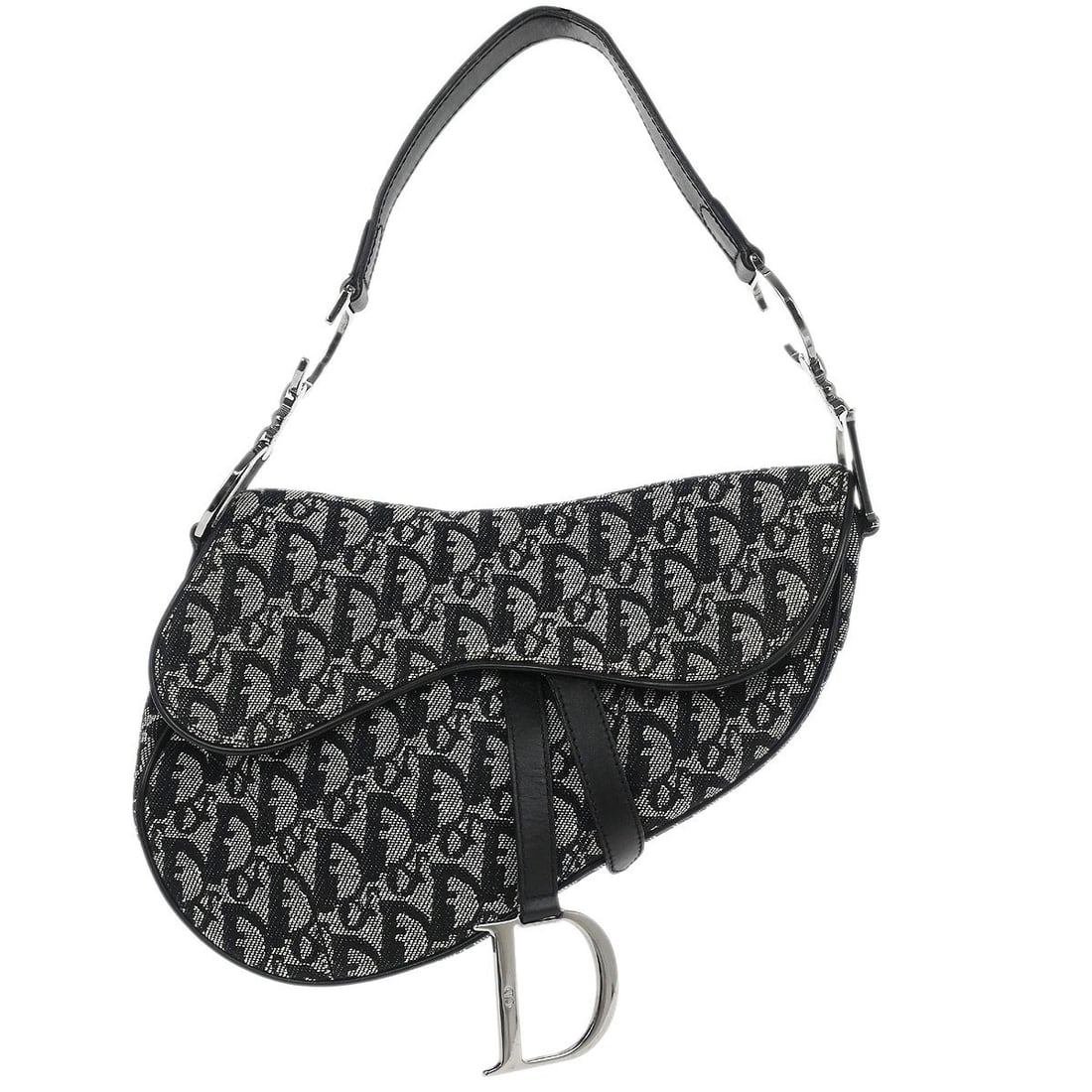 Dior Saddle Shoulder Bag Black Canvas Leather Medium RU1012: Dior Saddle Shoulder Bag Black Canvas Leather Medium RU1012 This Christian Dior Saddle Bag features the iconic Trotter pattern in black canvas leather. It is medium-sized with a shoulder strap and sec