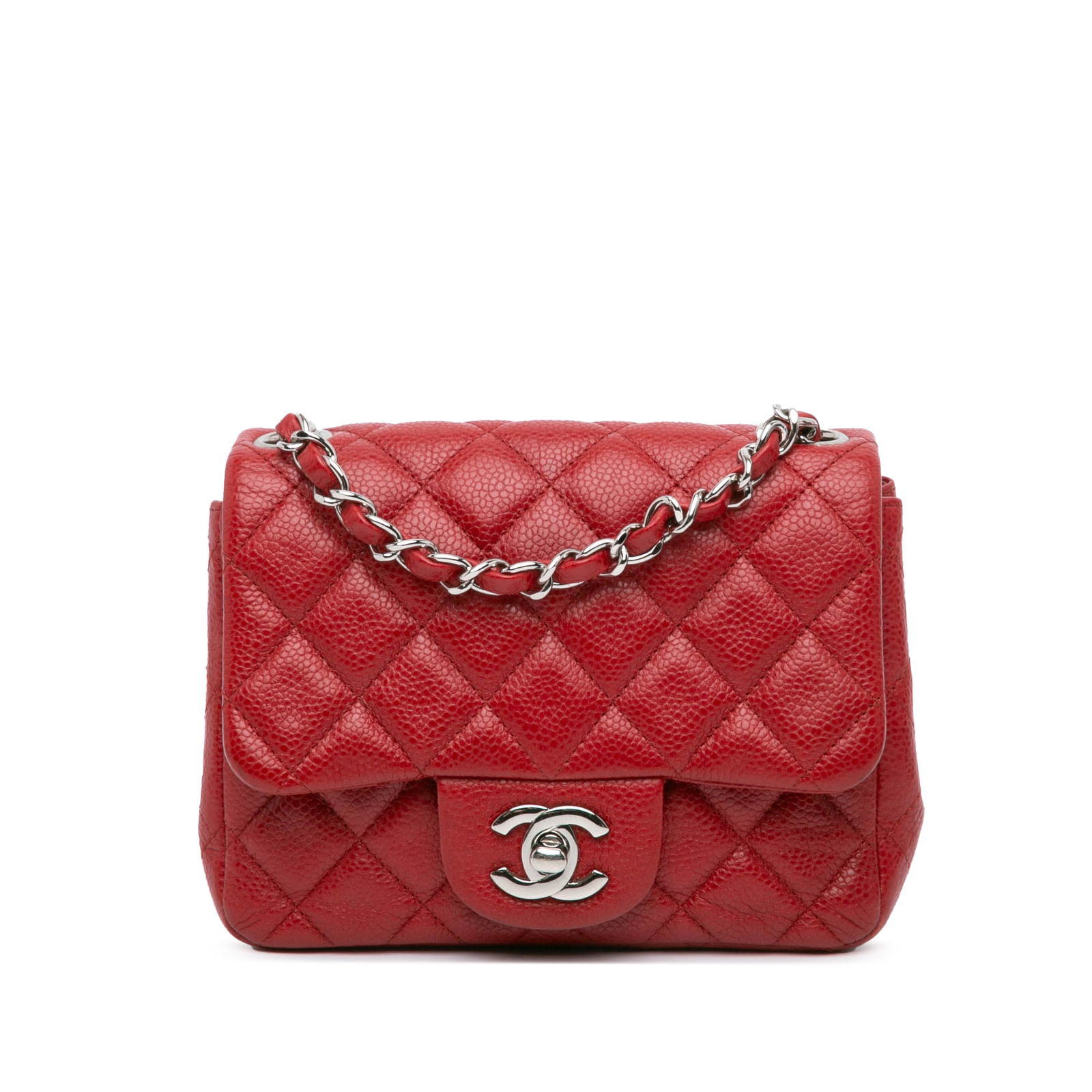 Chanel Red Mini Square Classic Caviar Single Flap Bag: Chanel Red Mini Square Classic Caviar Single Flap Bag This Chanel Mini Square Classic Caviar Single Flap crossbody bag is crafted from luxurious quilted caviar leather in a striking red hue. It featur