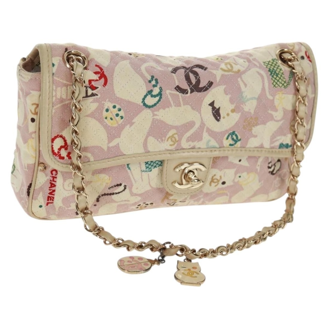 CHANEL Matelasse Canvas Single Flap Beige Shoulder Bag with Chain and Dust Bag: CHANEL Matelasse Canvas Single Flap Beige Shoulder Bag with Chain and Dust Bag This CHANEL Matelasse 25 Single Flap Chain Shoulder Bag is crafted from canvas in beige, gold, and pink tones. It feature