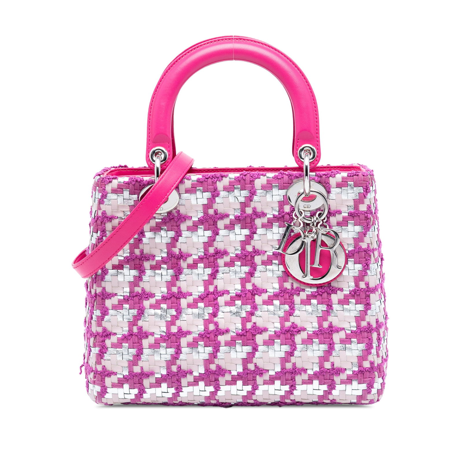 Dior Lady Dior Medium Bag in Pink Lambskin and Tweed with Strap: Dior Lady Dior Medium Bag in Pink Lambskin and Tweed with Strap This Dior Lady Dior handbag is crafted from quilted lambskin leather and tweed in a pink color. It features flat leather top handles, a