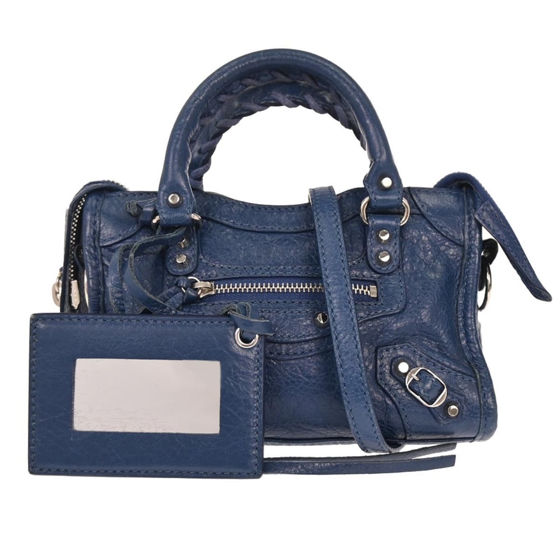 Blue Leather Balenciaga Nano City Mini Top Handle Bag with 2way Strap: Blue Leather Balenciaga Nano City Mini Top Handle Bag with 2way Strap This Balenciaga Classic Nano City handbag features a blue leather exterior with the iconic logo accent. Designed in a mini size, t