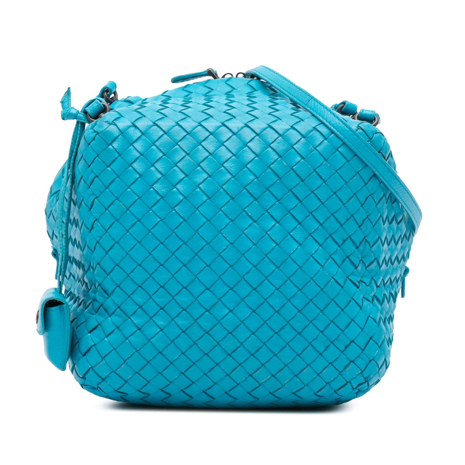 Bottega Veneta Nappa Intrecciato Cube Leather Crossbody Bag Blue: Bottega Veneta Nappa Intrecciato Cube Leather Crossbody Bag Blue This Bottega Veneta Nappa Intrecciato Cube Crossbody bag showcases a stylish woven leather design, ideal for both casual and refined oc