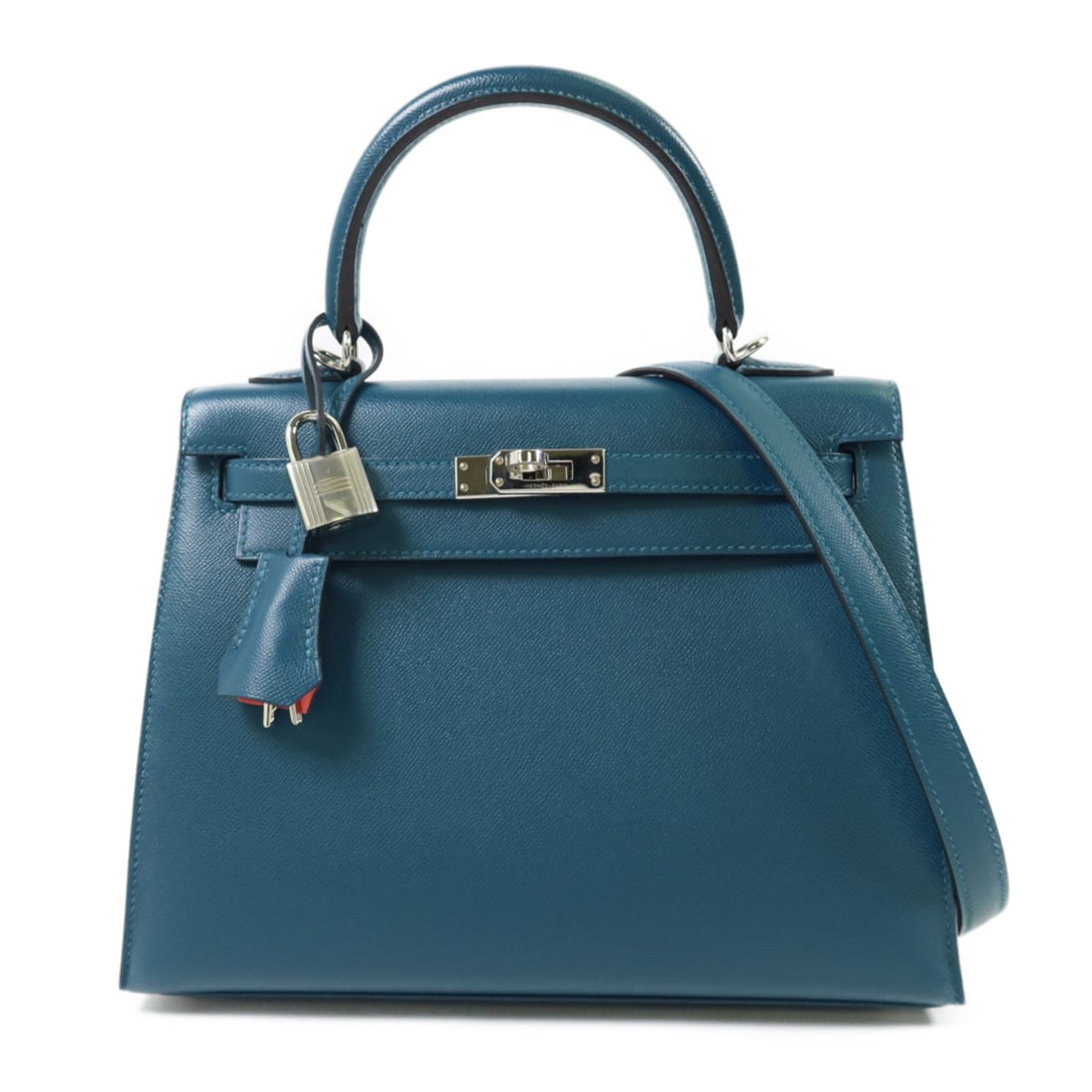 HERMES Kelly 25 Green Calfskin 2 Way Shoulder Bag PHW: HERMES Kelly 25 Green Calfskin 2 Way Shoulder Bag PHW Elevate your accessory collection with this exquisite HERMES Kelly 25 2 Way Shoulder Bag, crafted from luxurious calfskin leather in a stunning gr