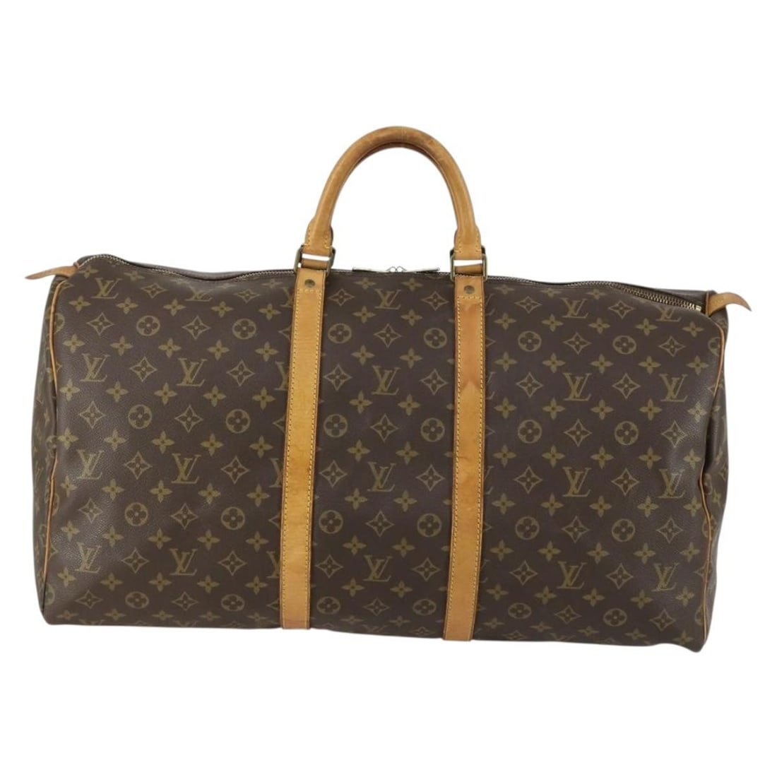 Louis Vuitton Keepall Travel Duffel in Monogram Canvas Unisex: Louis Vuitton Keepall Travel Duffel in Monogram Canvas Unisex This Louis Vuitton Keepall Bag features the iconic Monogram Canvas in brown and is designed for unisex use. The bag shows signs of use inc