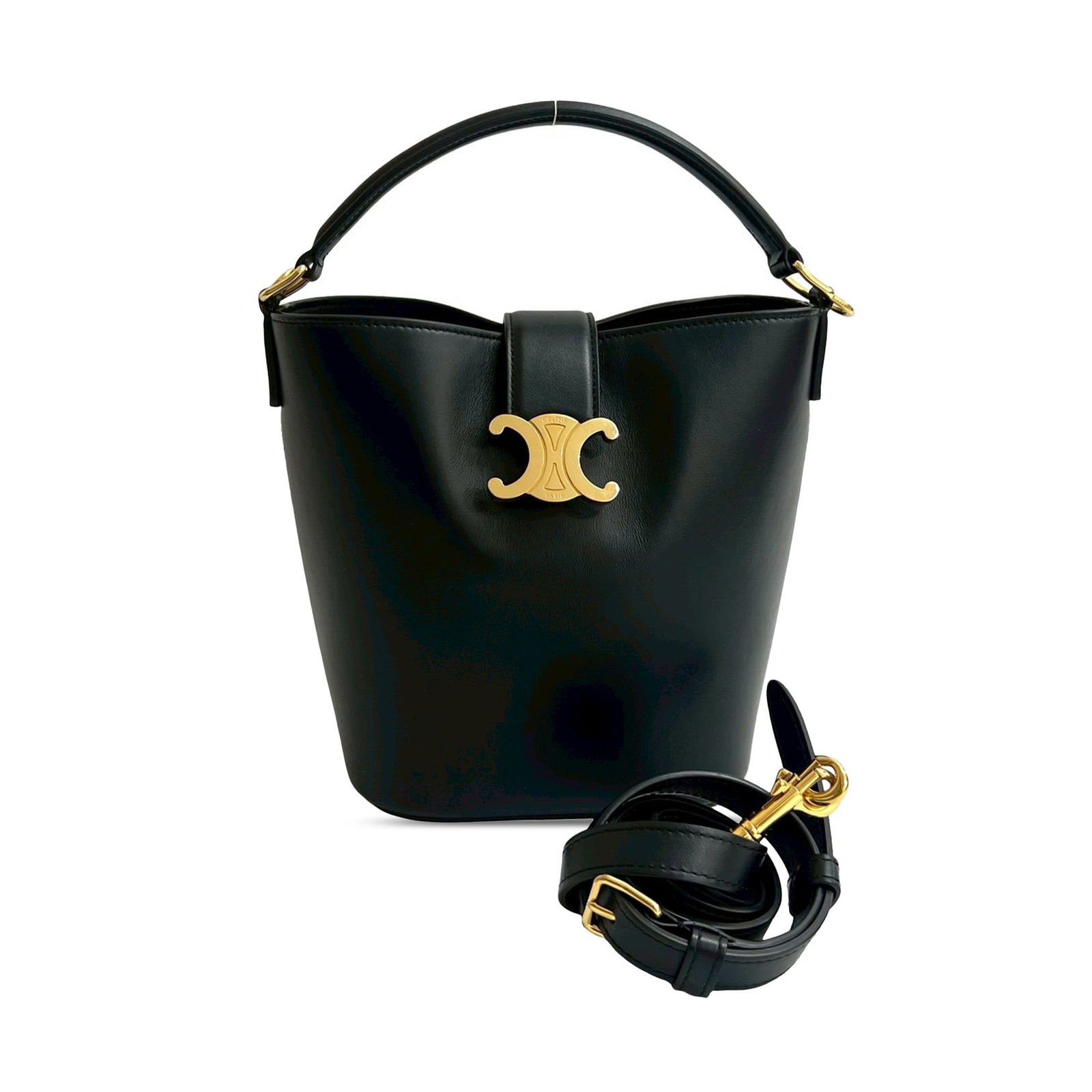 Celine Louise Small Leather Bucket Bag with Rolled Handle and Detachable Strap: Celine Louise Small Leather Bucket Bag with Rolled Handle and Detachable Strap This Celine Small Louise Bucket Bag is crafted from smooth black calfskin leather and features a rolled leather top handl