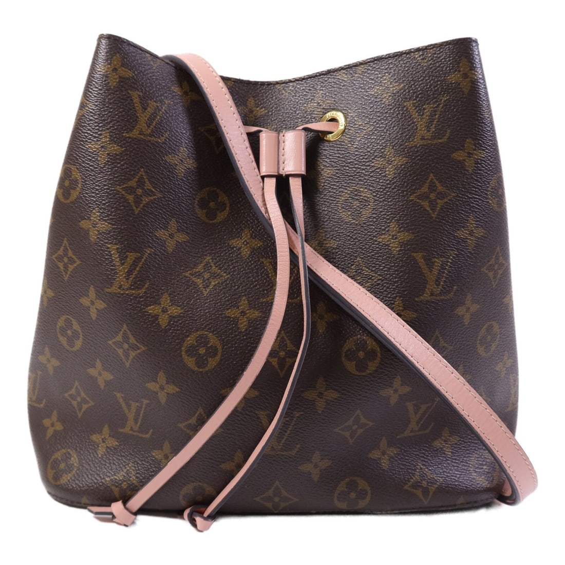 Louis Vuitton Neo Noe Monogram Pink and Brown Shoulder Bag M44022: Louis Vuitton Neo Noe Monogram Pink and Brown Shoulder Bag M44022 This Louis Vuitton Neo Noe shoulder bag features the iconic monogram pattern in brown and pink, crafted from durable PVC coated canvas