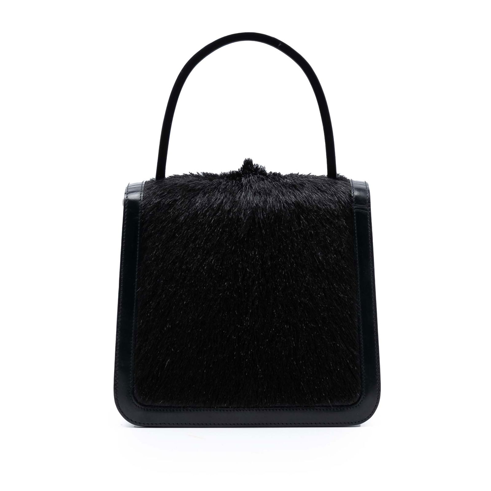 Celine Pony Hair and Leather Bag with Acrylic Handle: Celine Pony Hair and Leather Bag with Acrylic Handle This Celine handbag features a pony hair body with leather trim, an acrylic top handle, a front flap with magnetic snap closure, and an interior sl