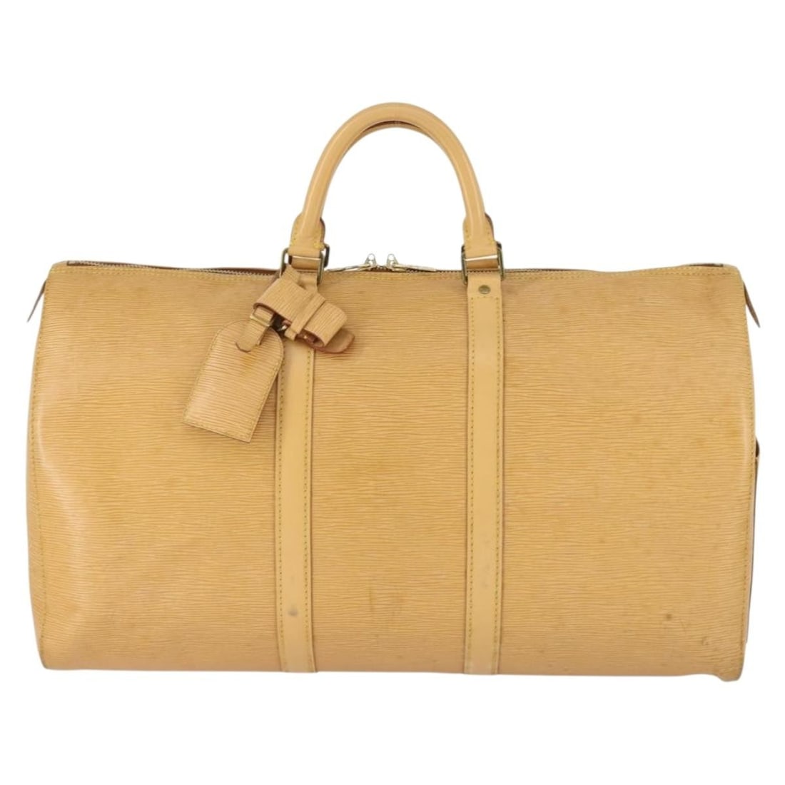 Keepall 52cm Beige Leather Travel Bag by Louis Vuitton: Keepall 52cm Beige Leather Travel Bag by Louis Vuitton Louis Vuitton Keepall Bag crafted in beige Epi leather designed for unisex use. The bag features a spacious interior with a pocket and sturdy han