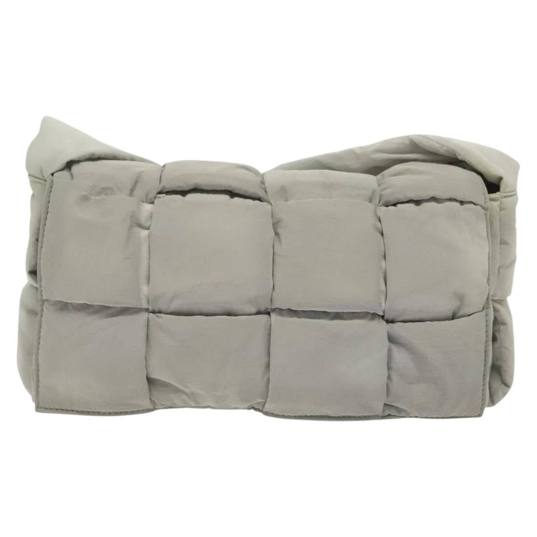 Padded Tech Cassette Gray Nylon Crossbody by Bottega Veneta: Padded Tech Cassette Gray Nylon Crossbody by Bottega Veneta The Bottega Veneta Padded Tech Cassette Crossbody Bag features the signature Intrecciato weave in gray nylon, designed for female use. Made