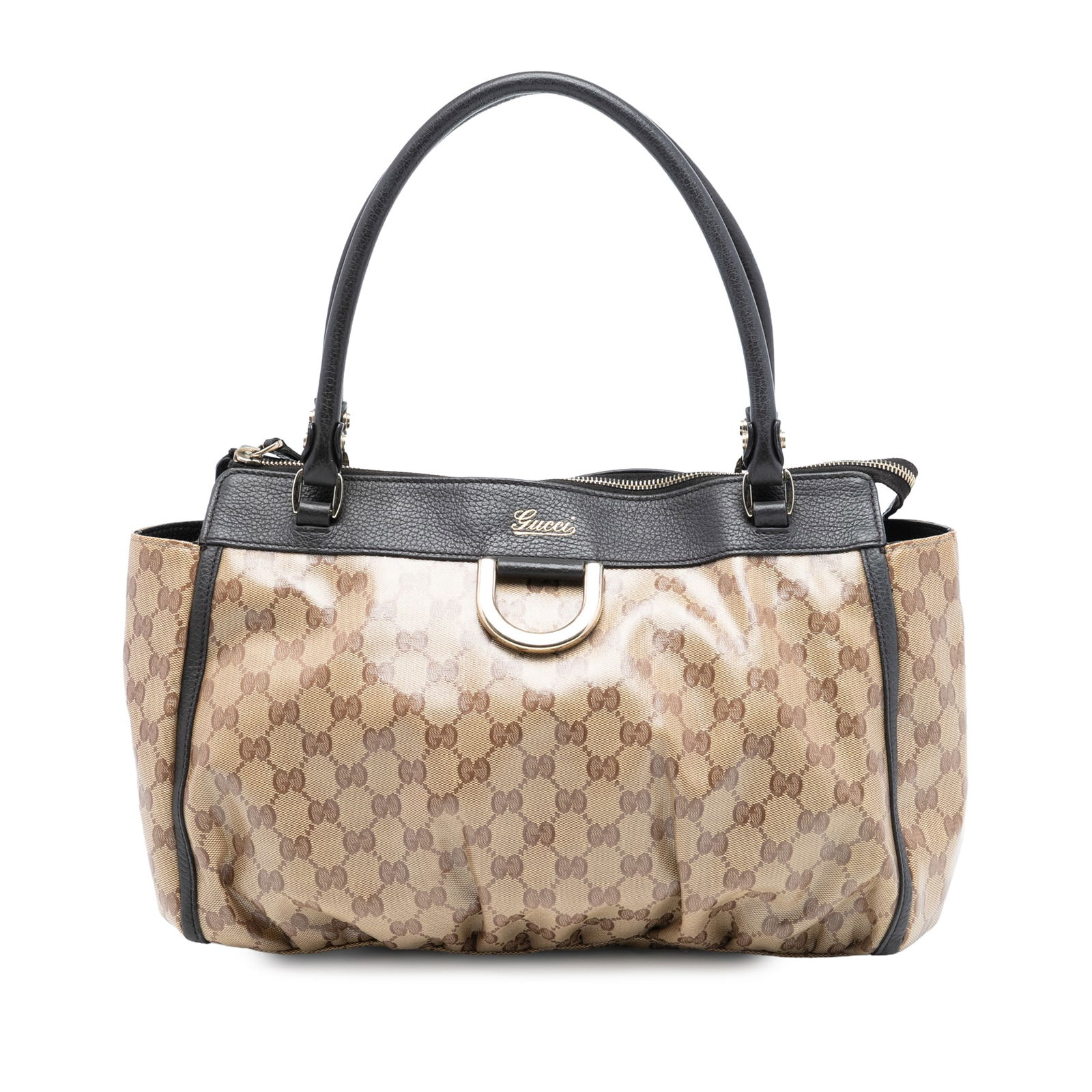 Gucci GG Crystal Abbey D Ring Brown Coated Canvas Tote Bag: Gucci GG Crystal Abbey D Ring Brown Coated Canvas Tote Bag This Gucci GG Crystal Abbey D Ring Tote features a coated canvas body with leather trim, rolled leather straps, a top zip closure, and an int
